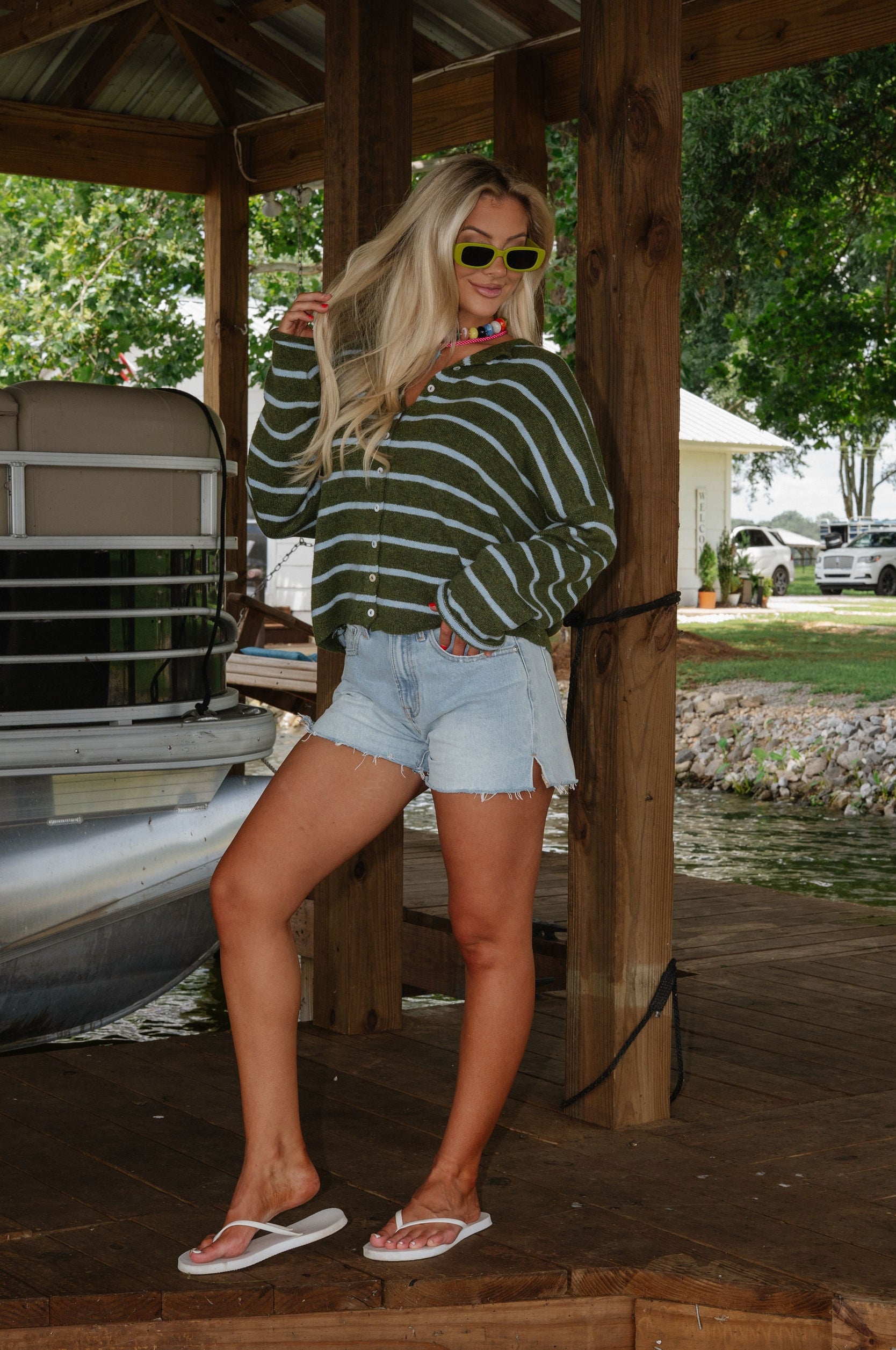 Cabana Striped Cardigan-Olive/Blue