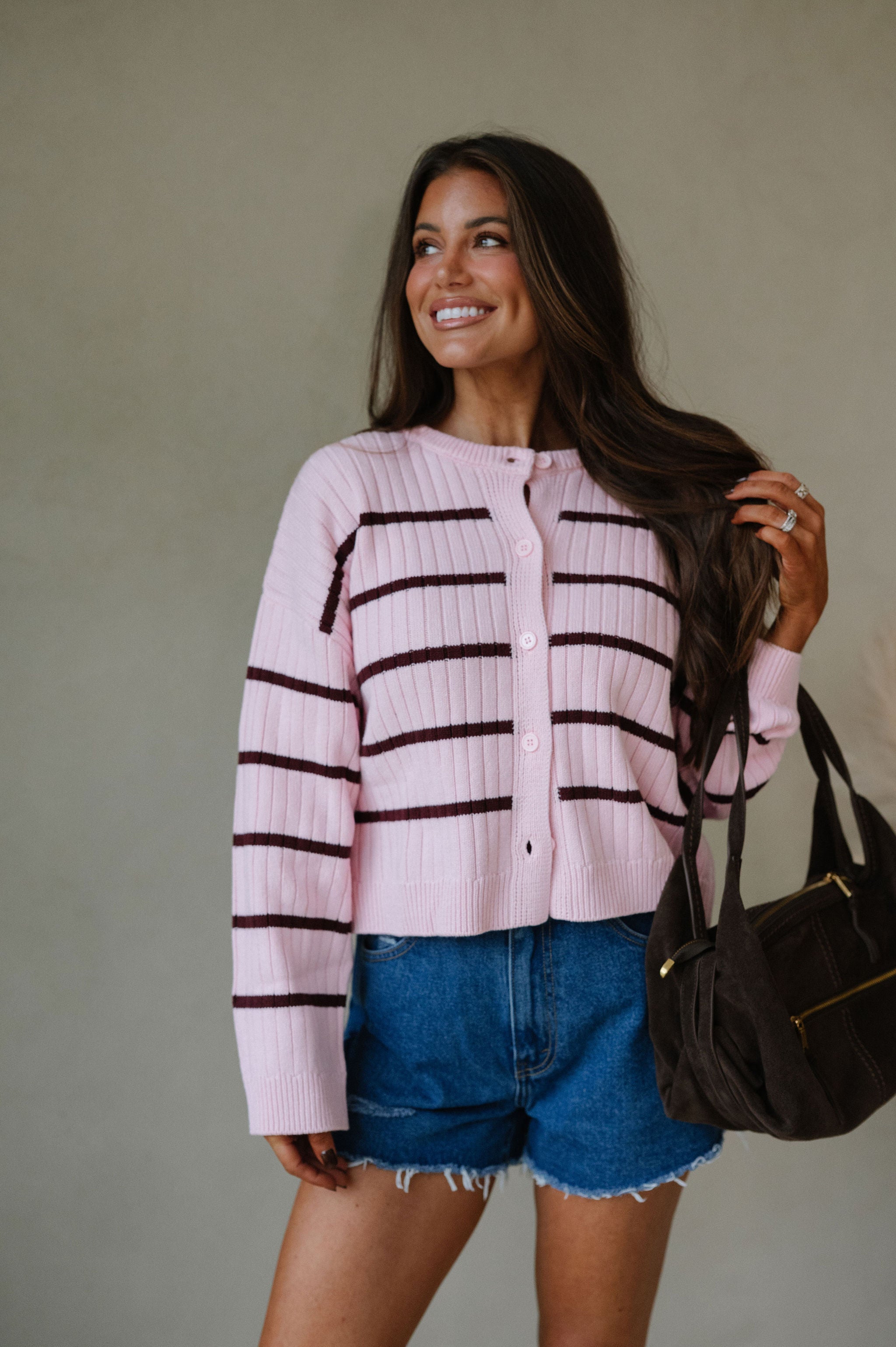 Wide Ribbed Stripe Sweater Cardigan-Pink/Burgundy Stripe