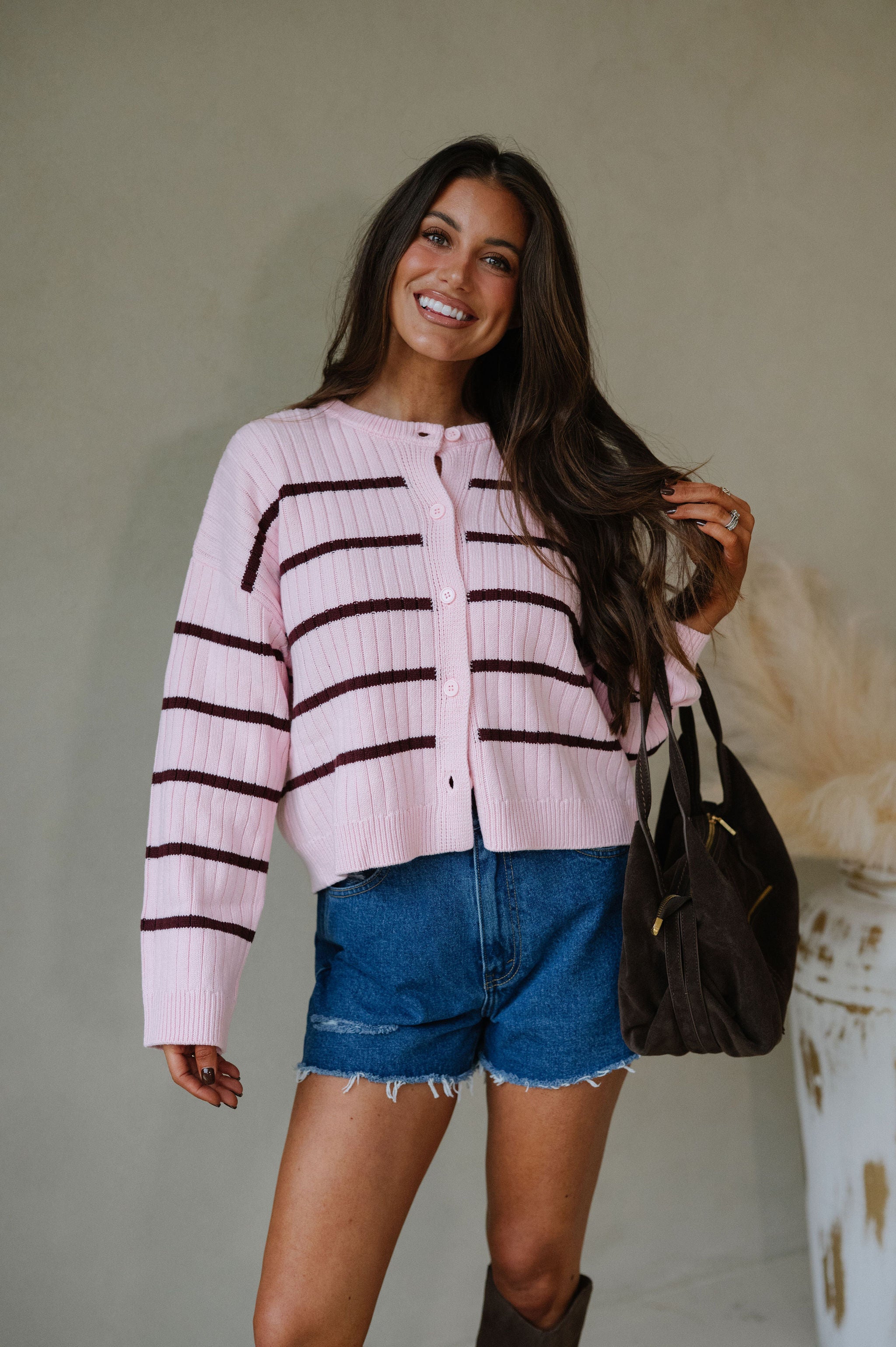 Wide Ribbed Stripe Sweater Cardigan-Pink/Burgundy Stripe