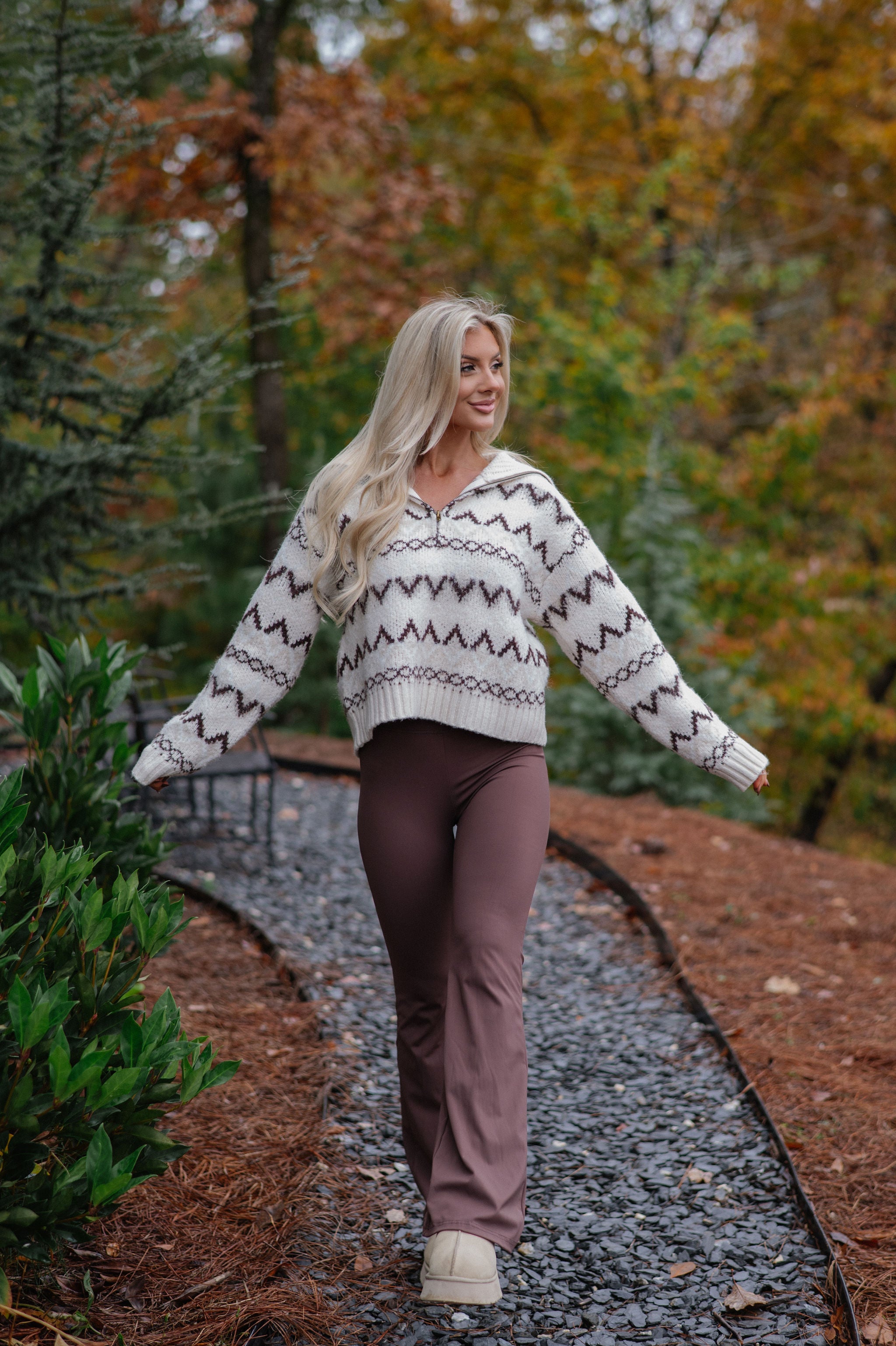 Dallas Half Zip Pullover-Cream/Brown