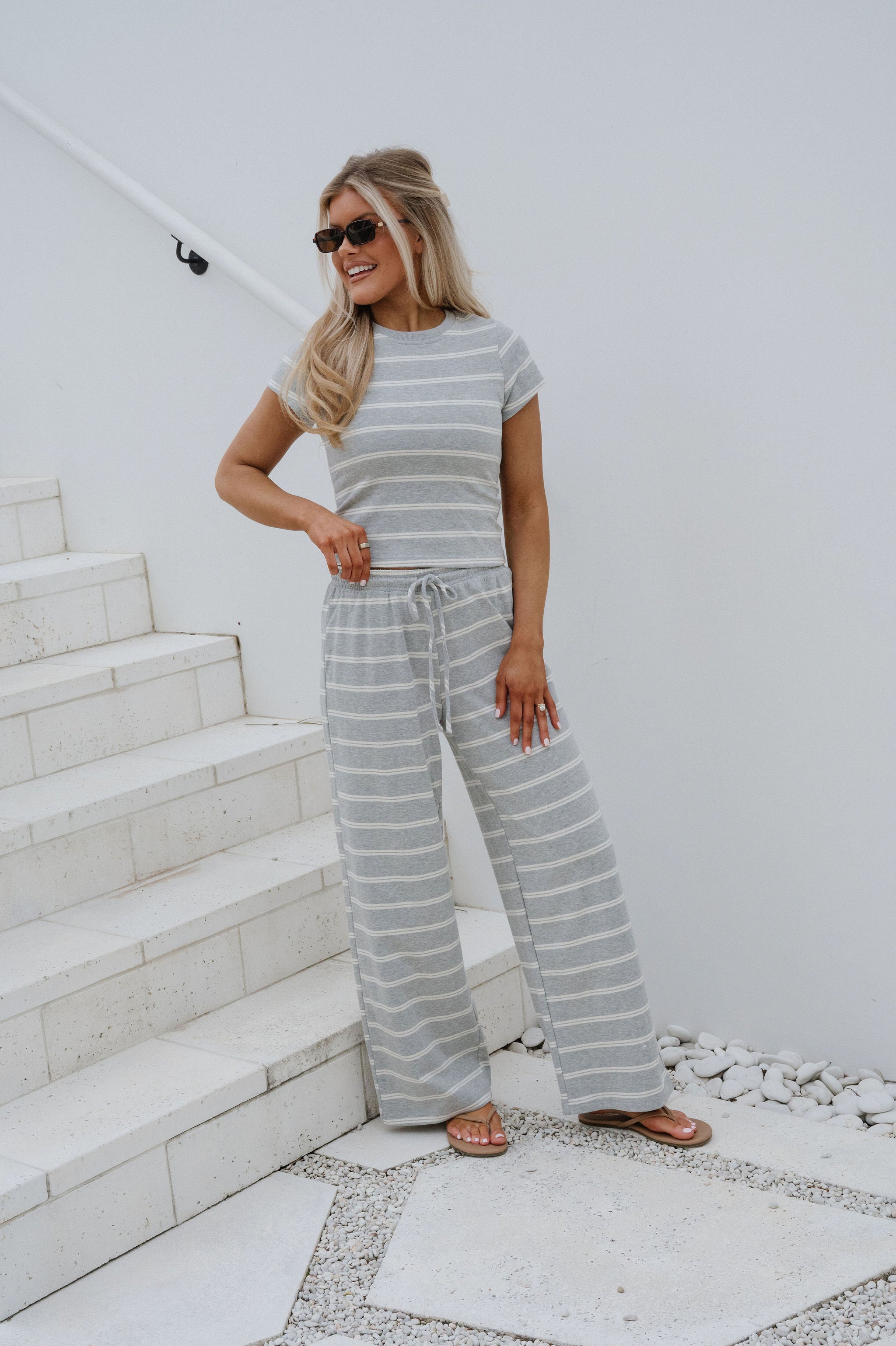 Jenna Striped Pants Set-Grey/Cream