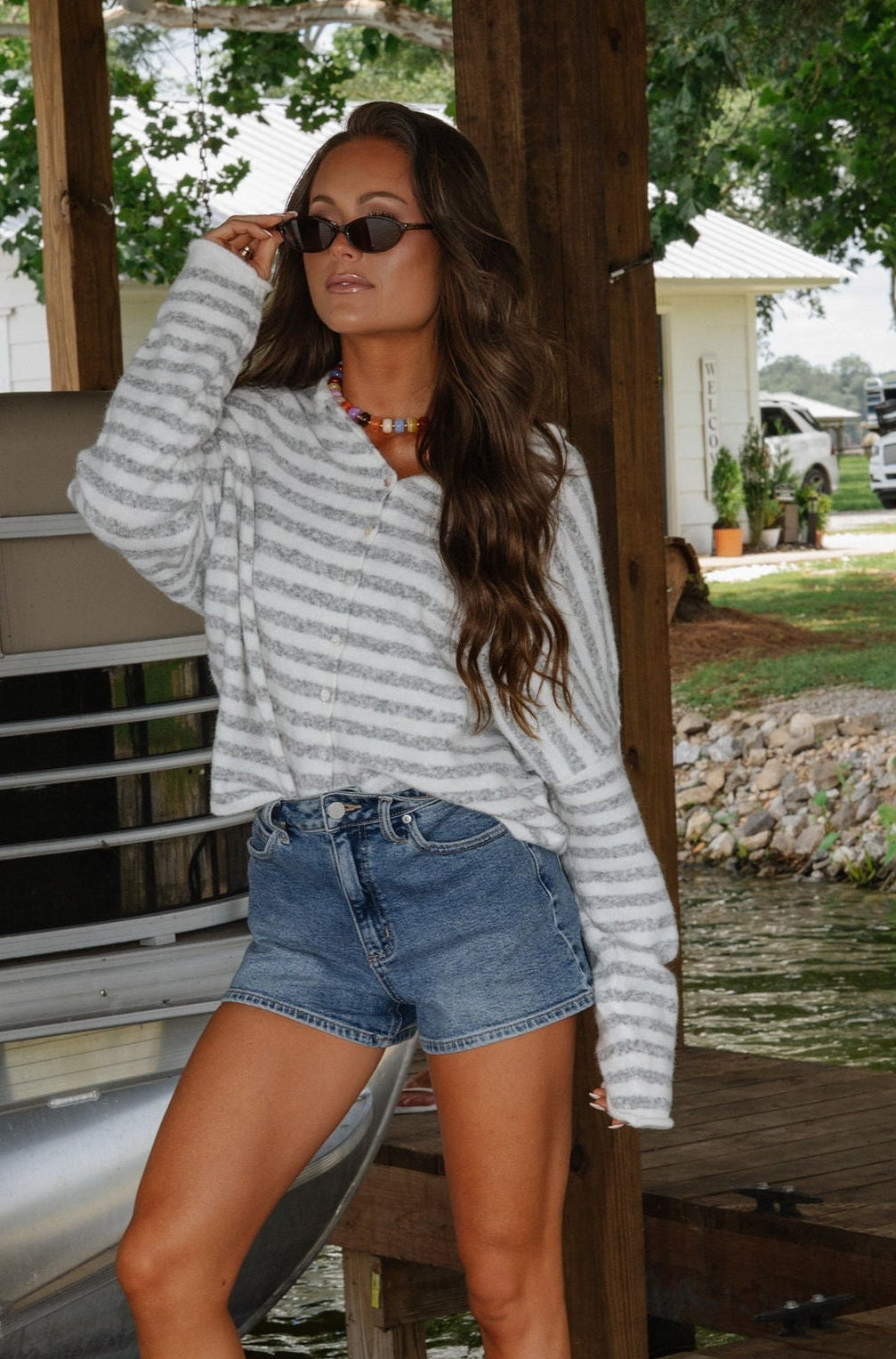 Sony Striped Cardigan-Ivory/Heathered Grey