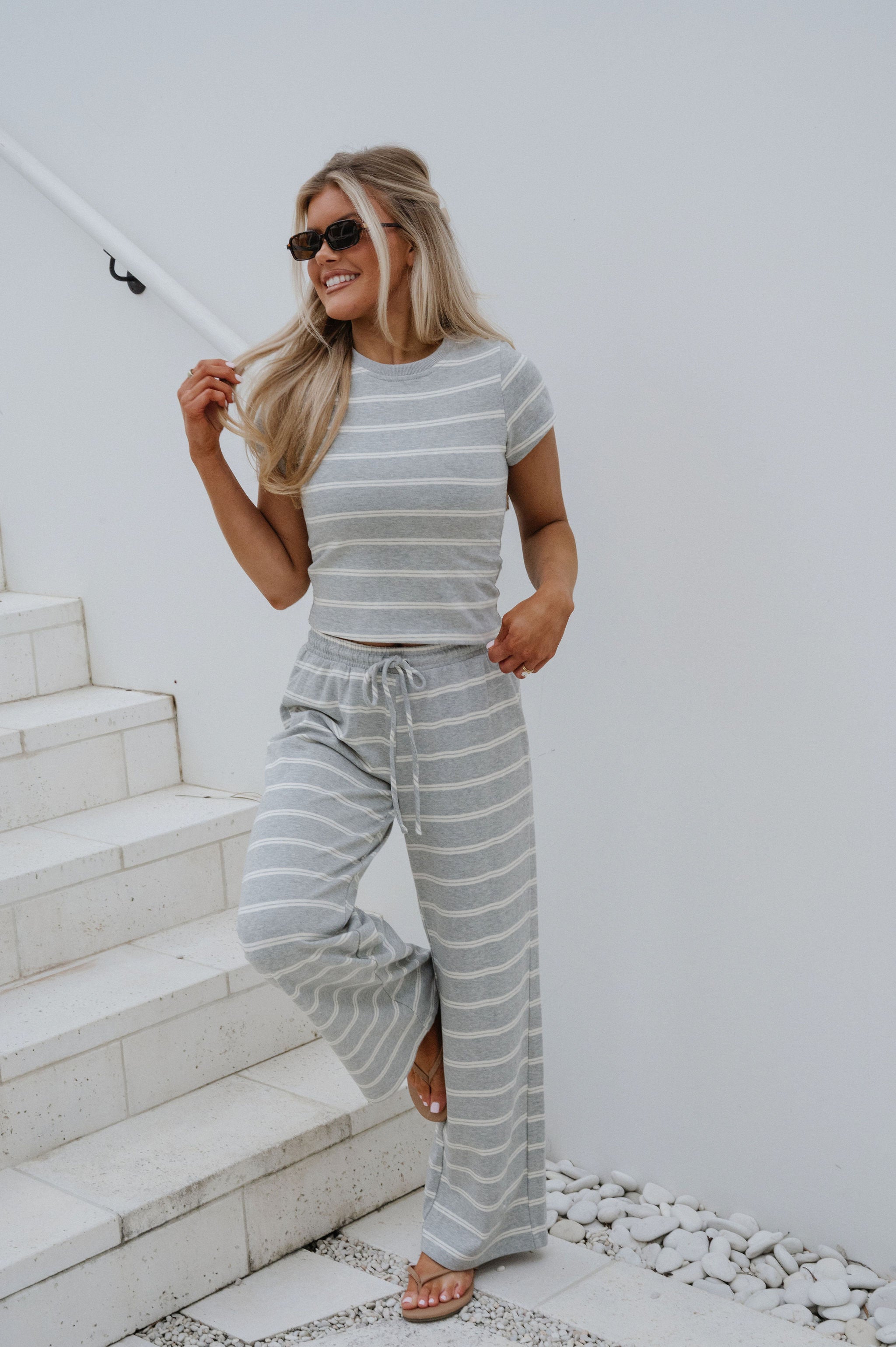 Jenna Striped Pants Set-Grey/Cream