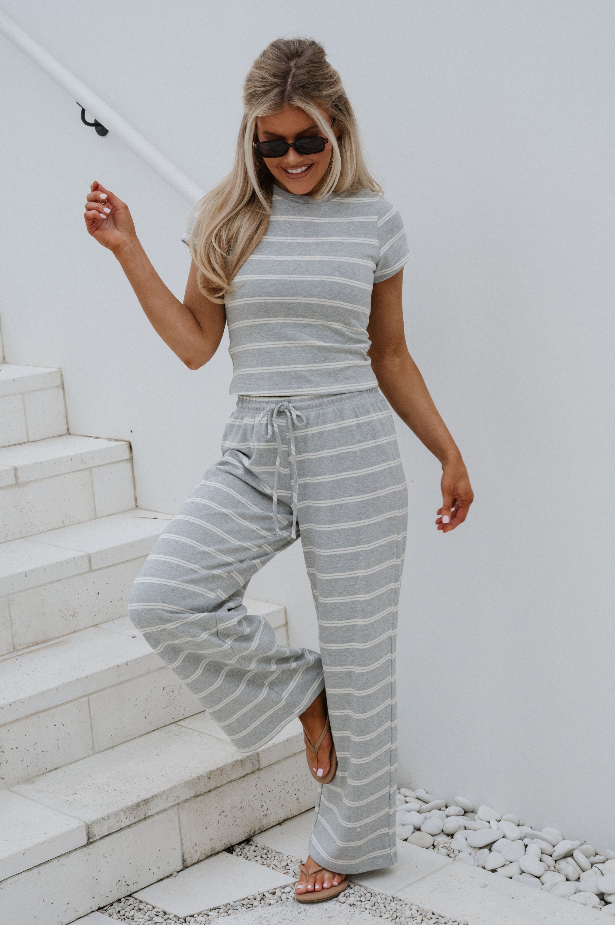 Jenna Striped Pants Set-Grey/Cream
