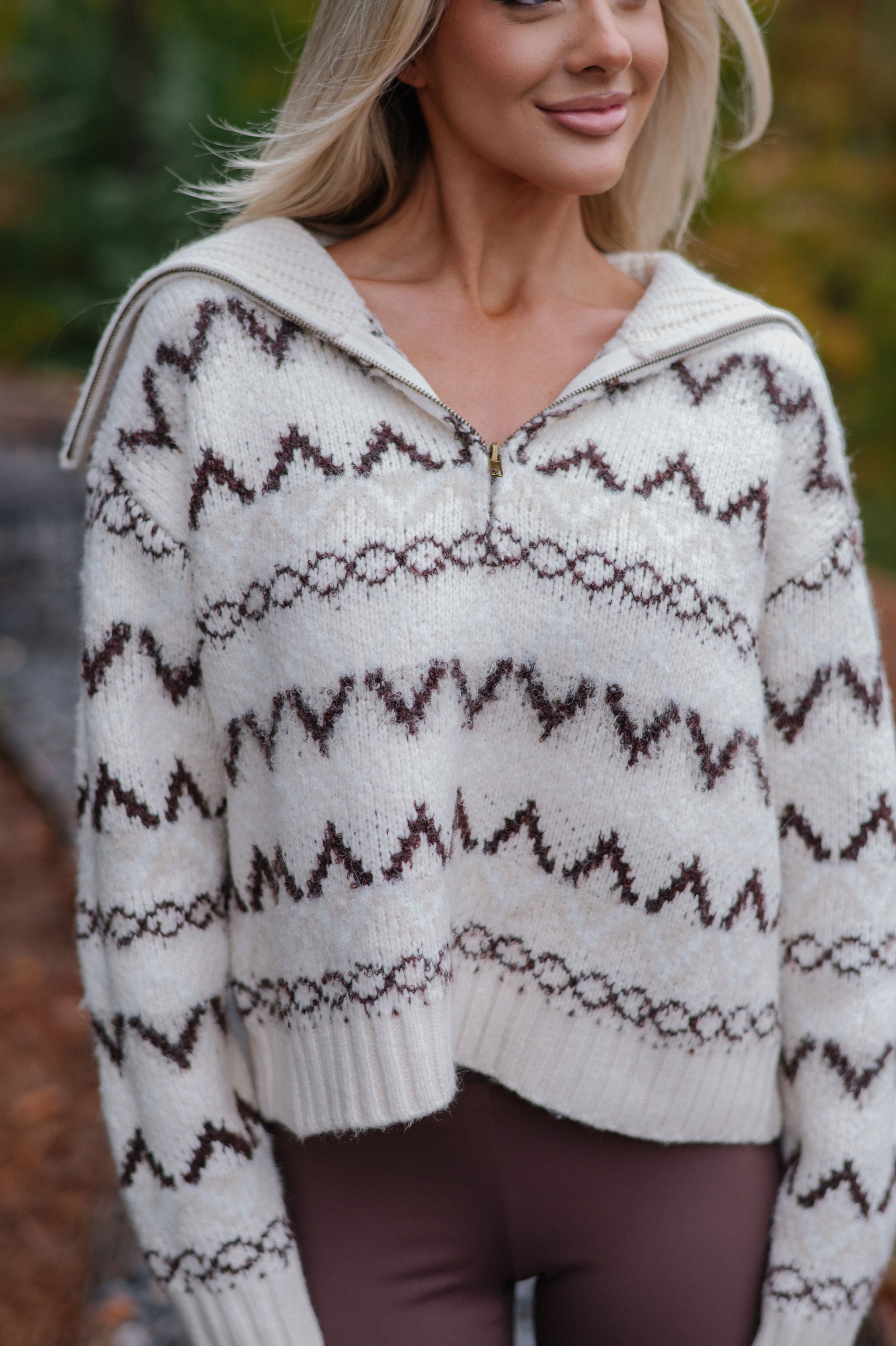 Dallas Half Zip Pullover-Cream/Brown