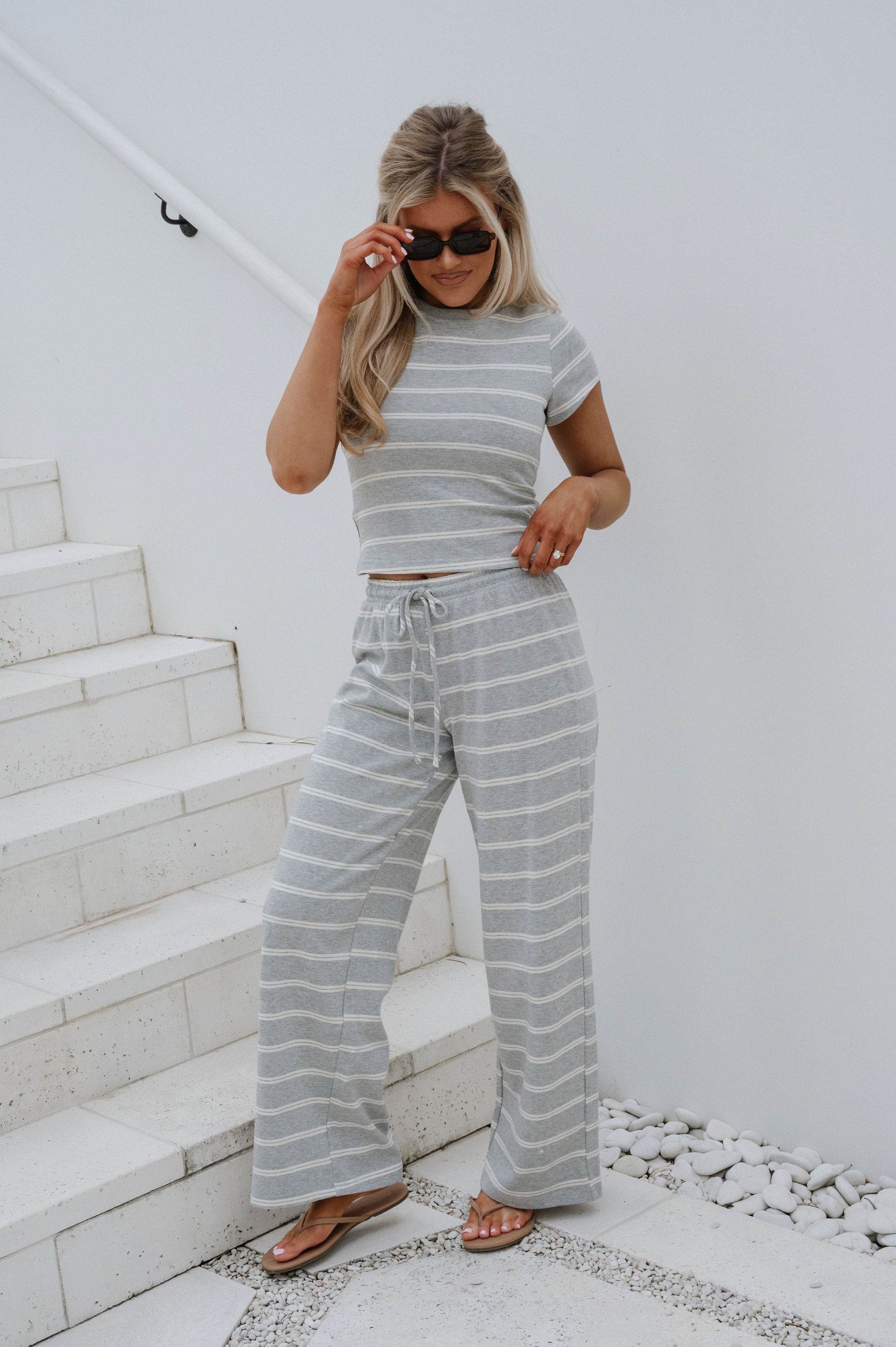 Jenna Striped Pants Set-Grey/Cream