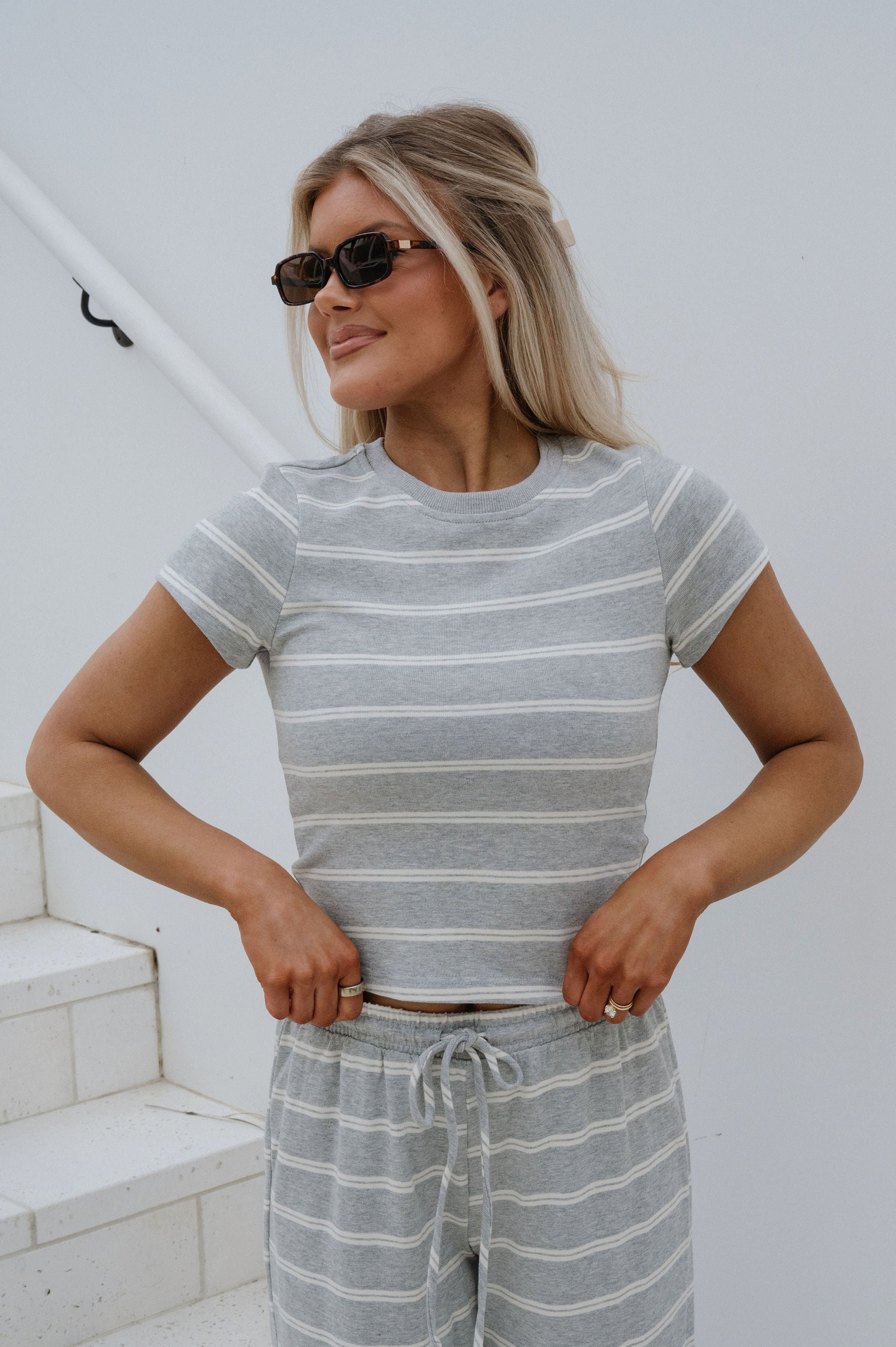 Jenna Striped Pants Set-Grey/Cream