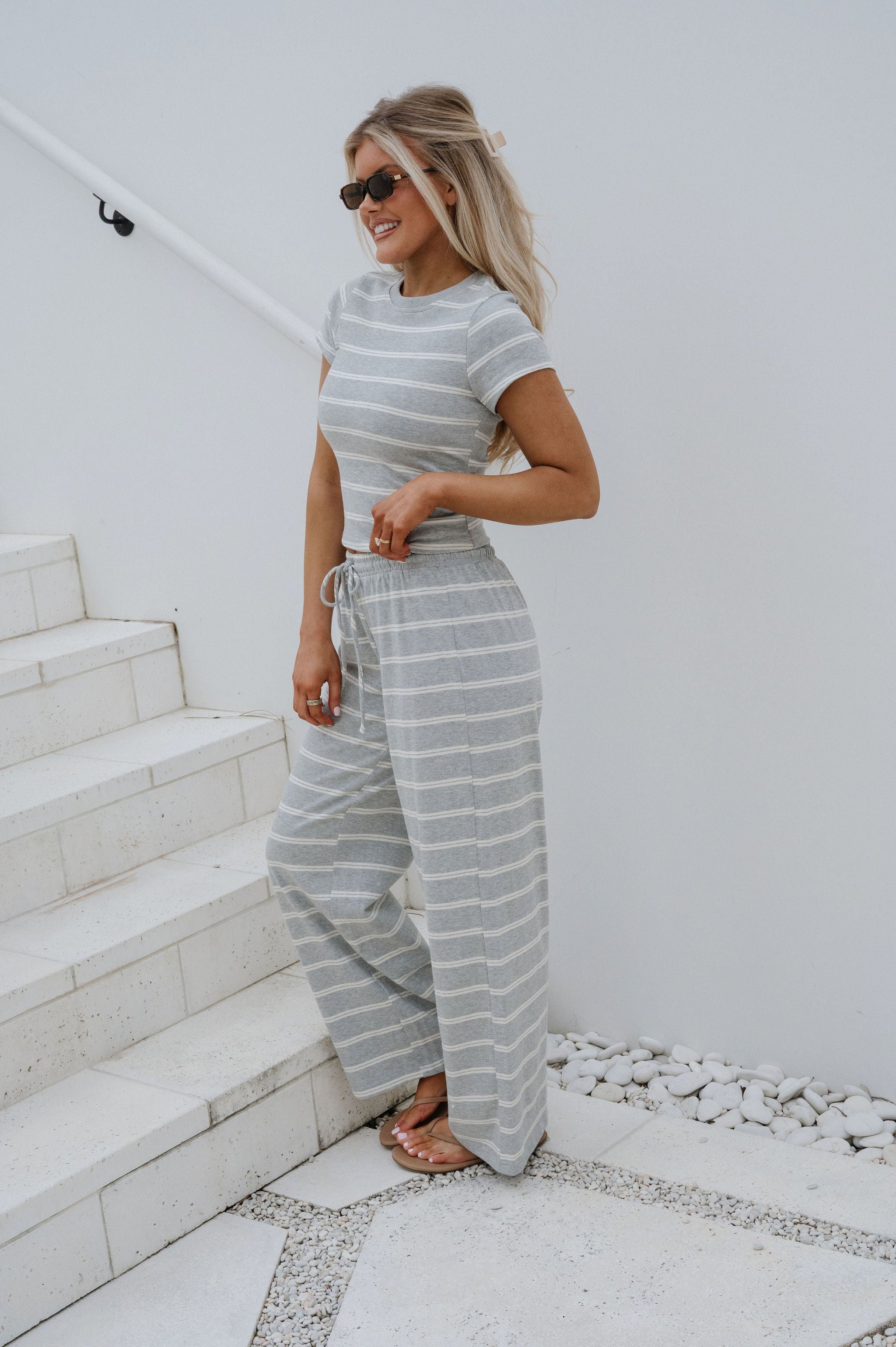 Jenna Striped Pants Set-Grey/Cream