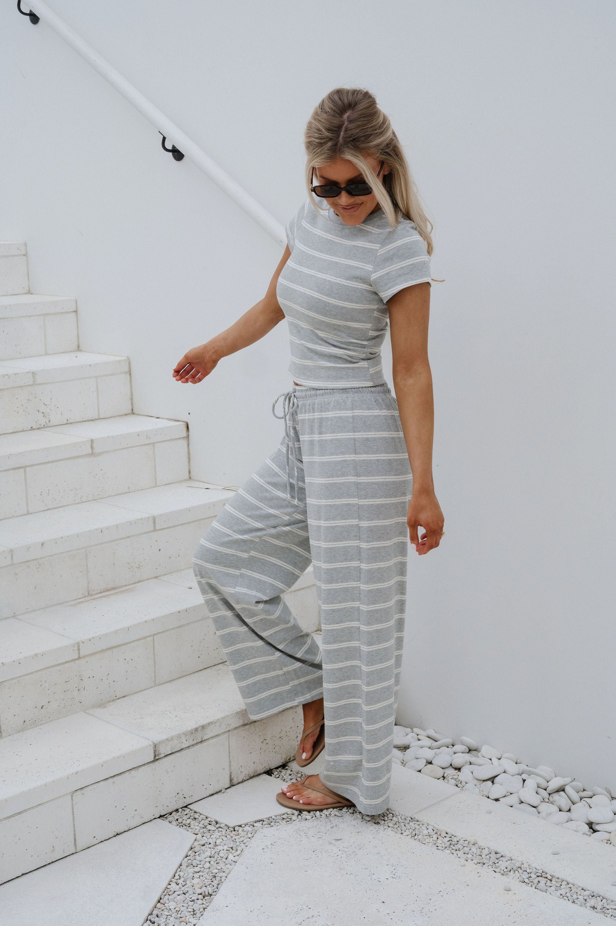 Jenna Striped Pants Set-Grey/Cream