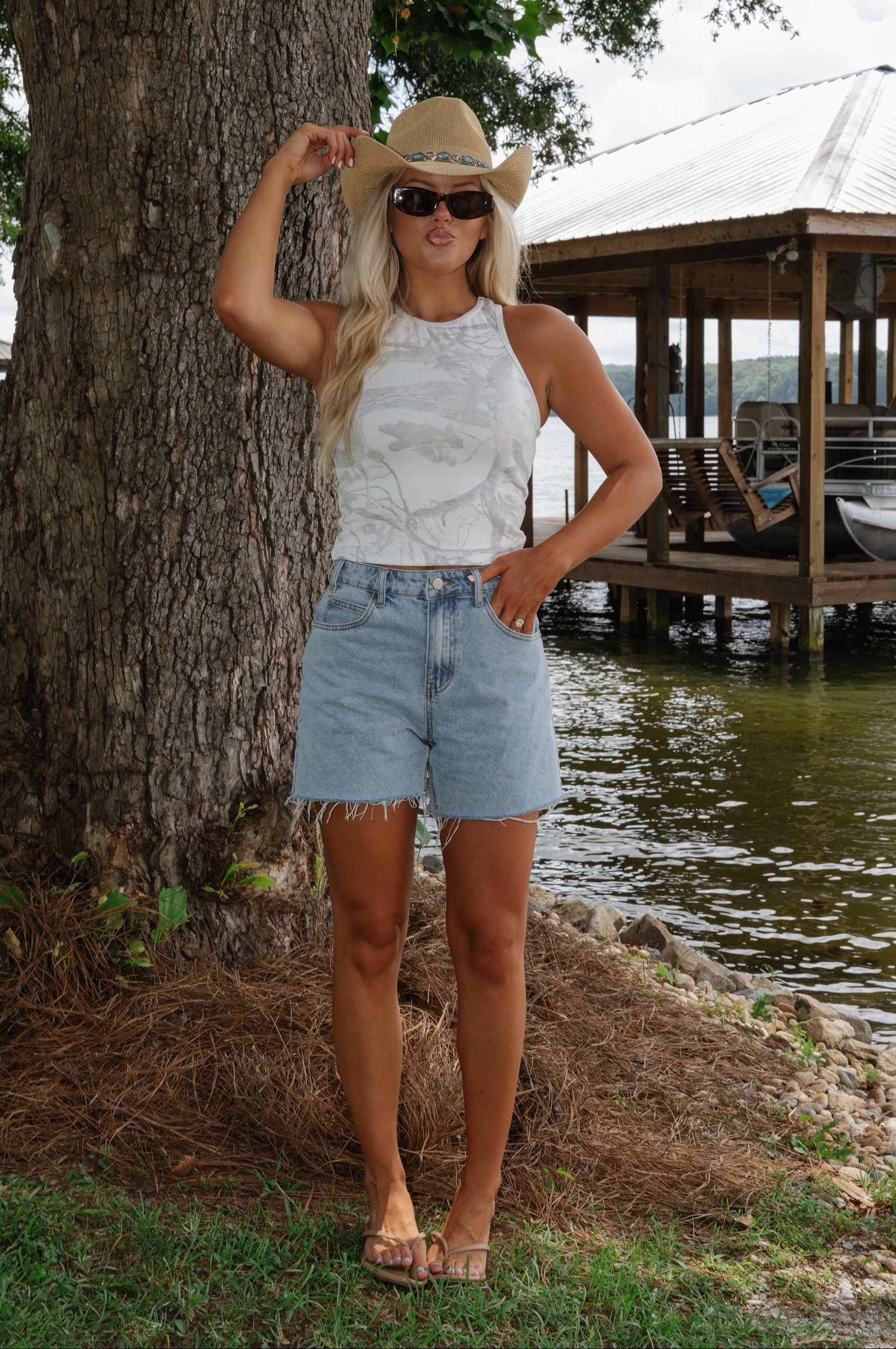 Camo Racer Back Tank Top-Cream