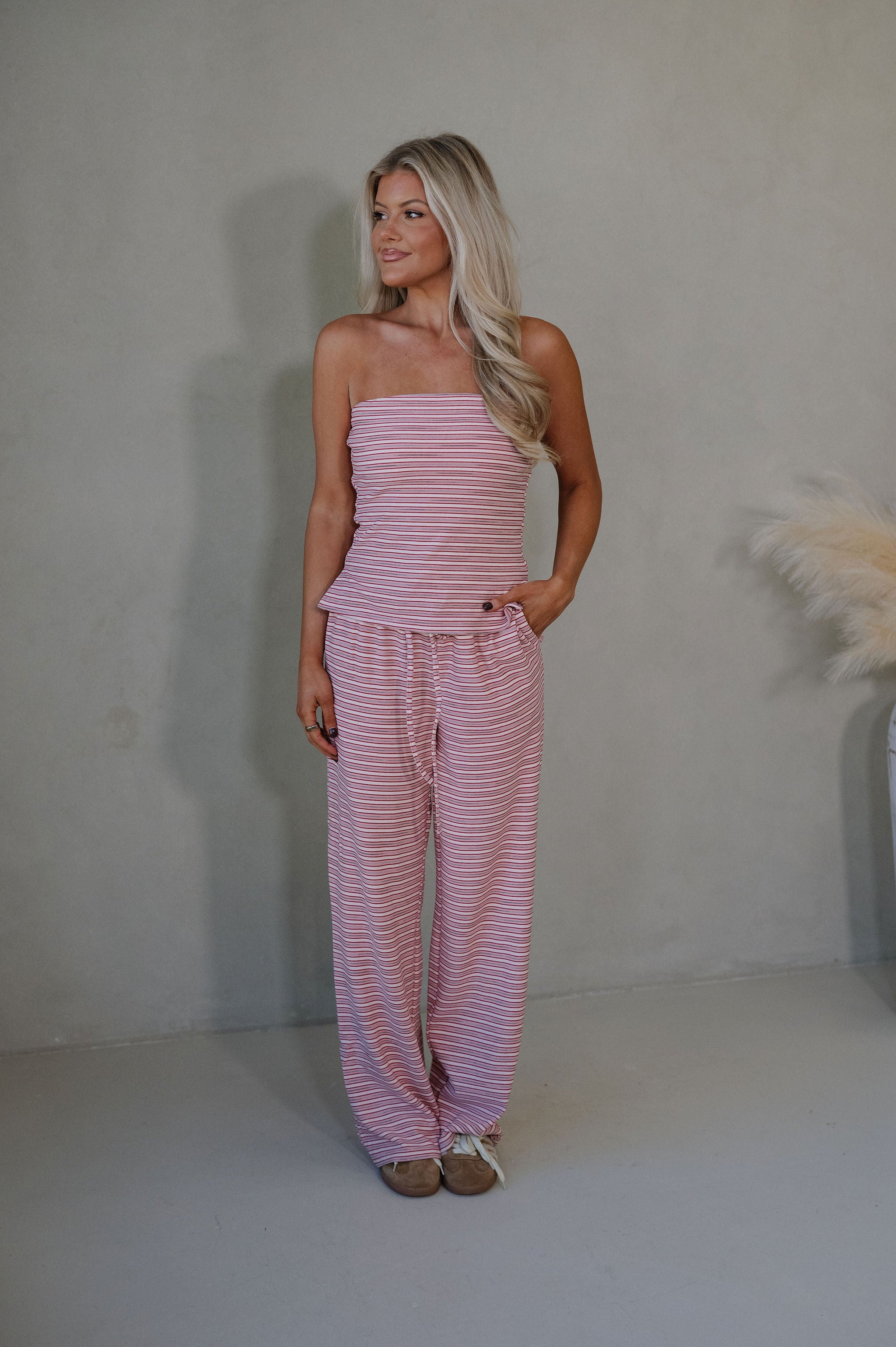 Brushed Striped Pants Set-Strawberry