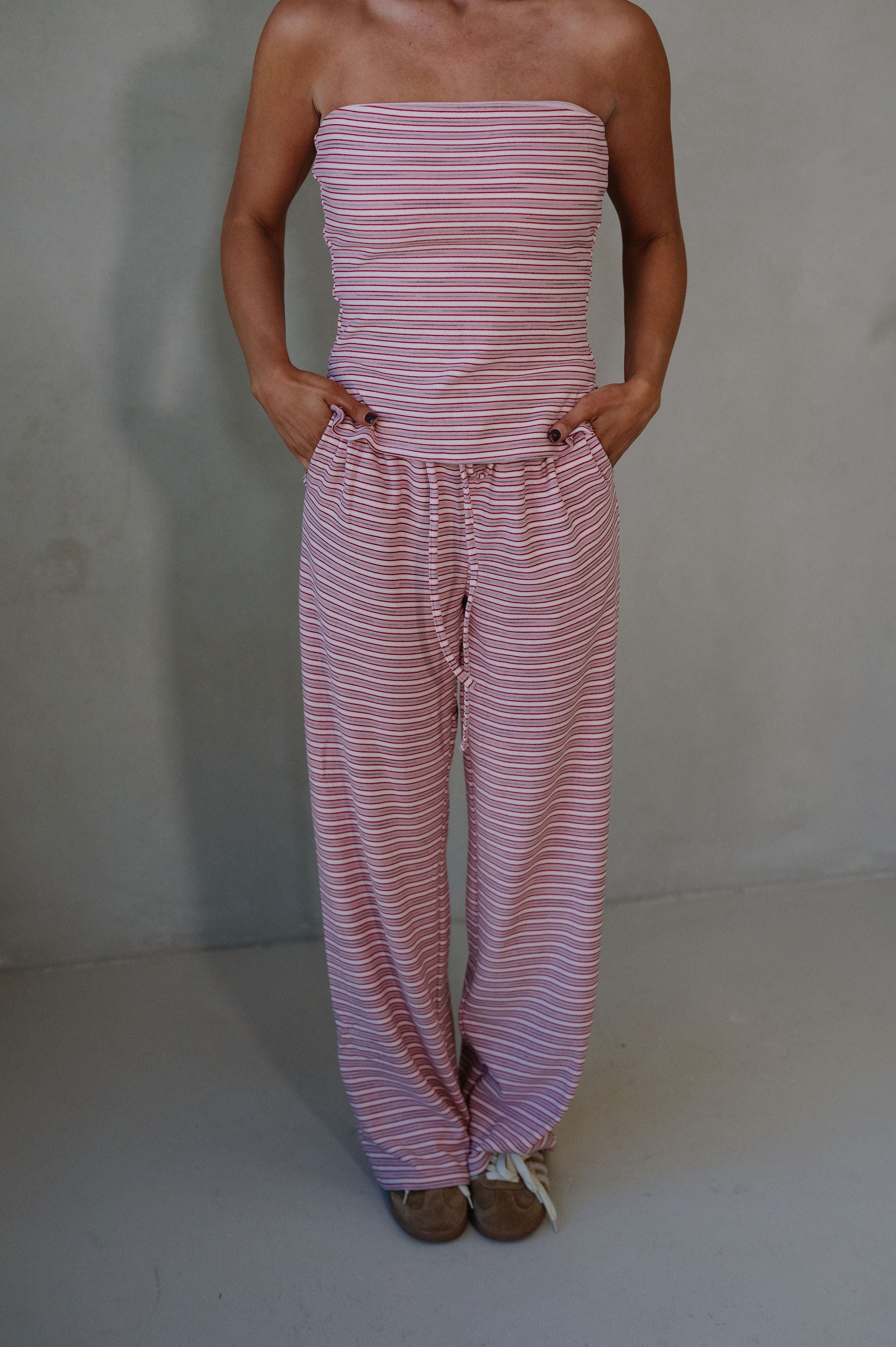 Brushed Striped Pants Set-Strawberry