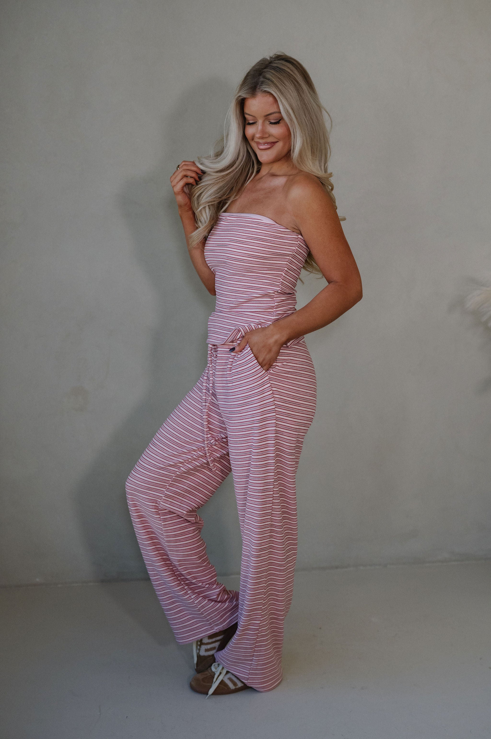 Brushed Striped Pants Set-Strawberry