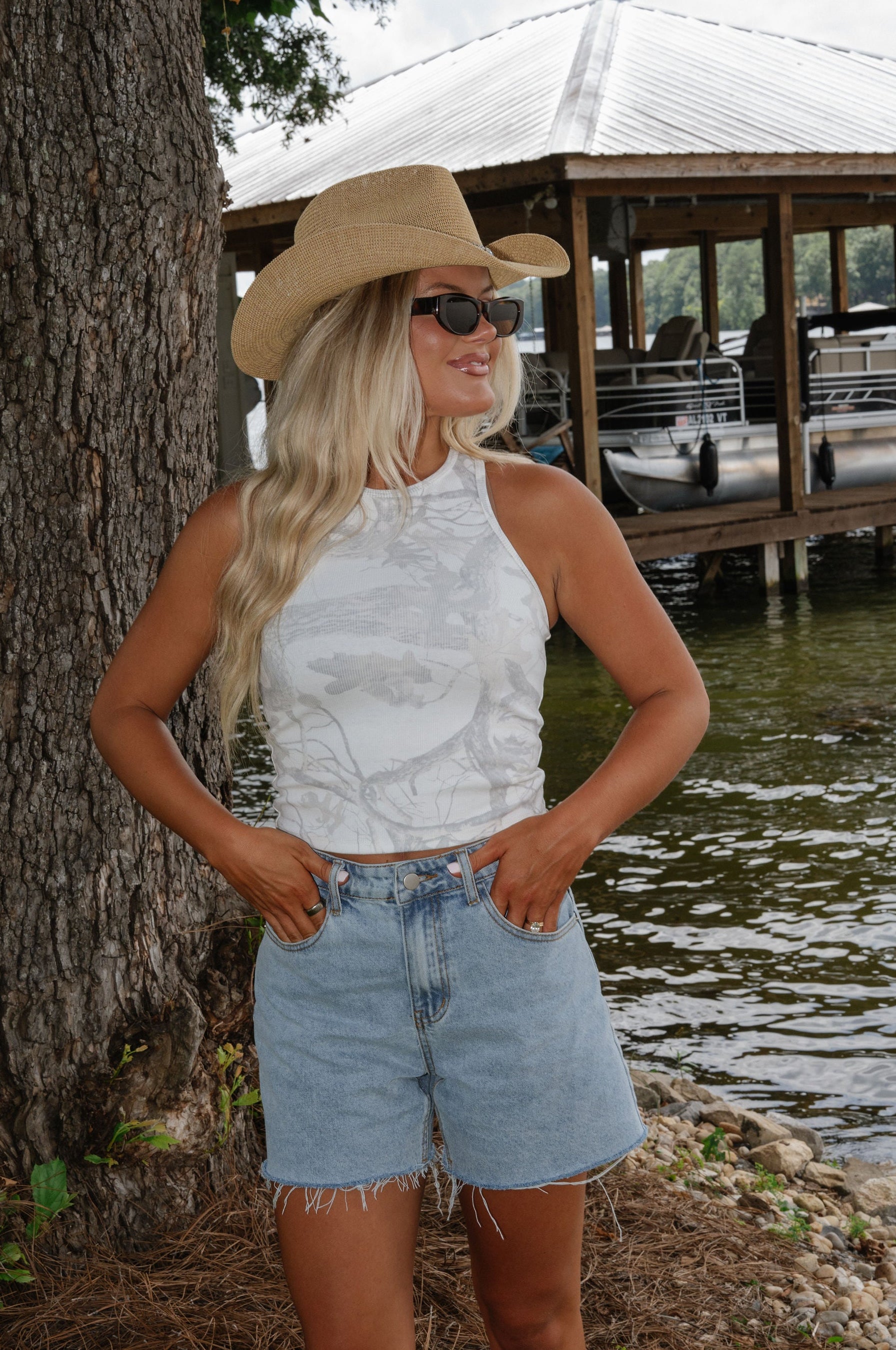 Camo Racer Back Tank Top-Cream