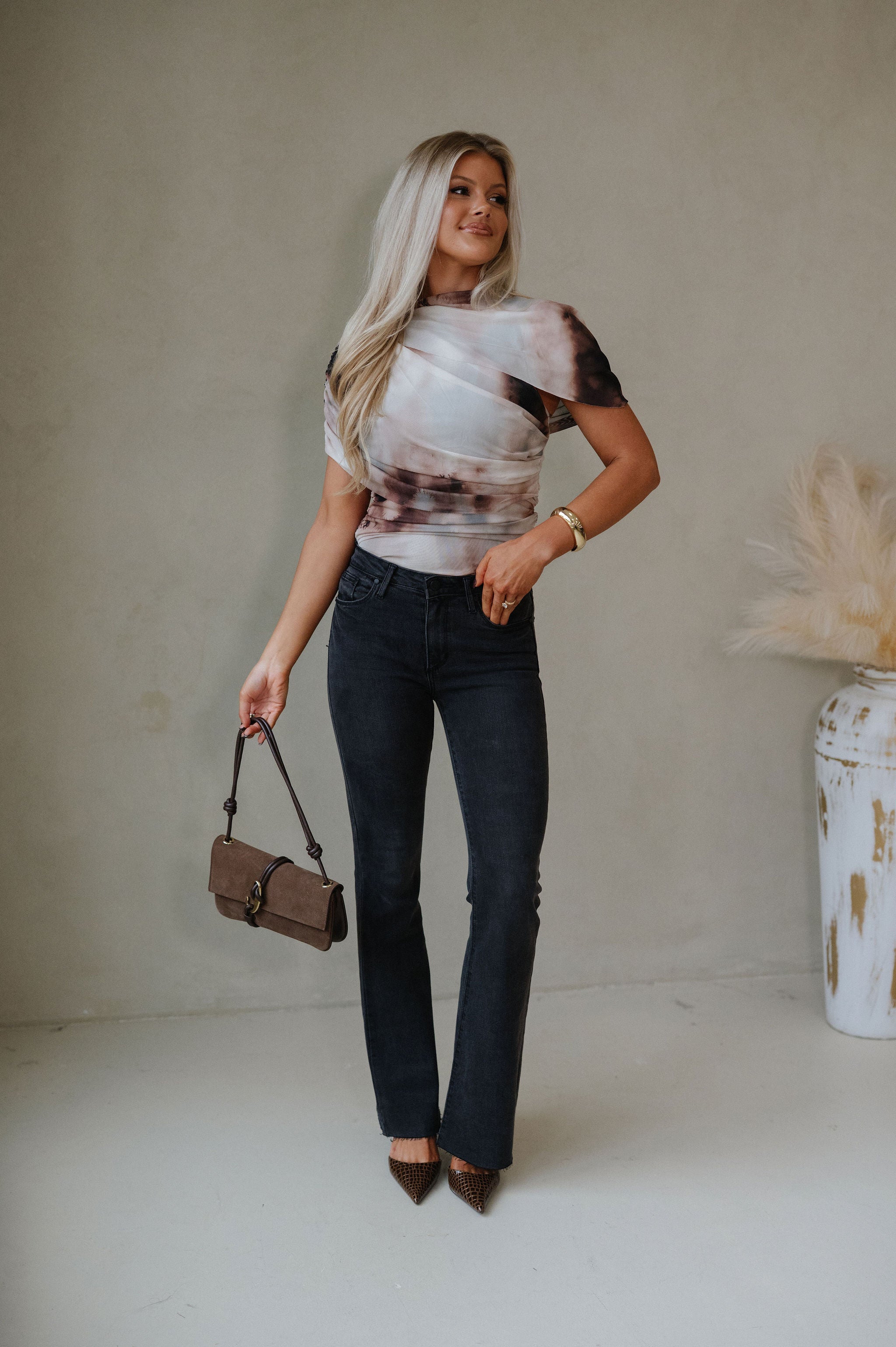 Tate Mesh Mock Neck Top-Brown