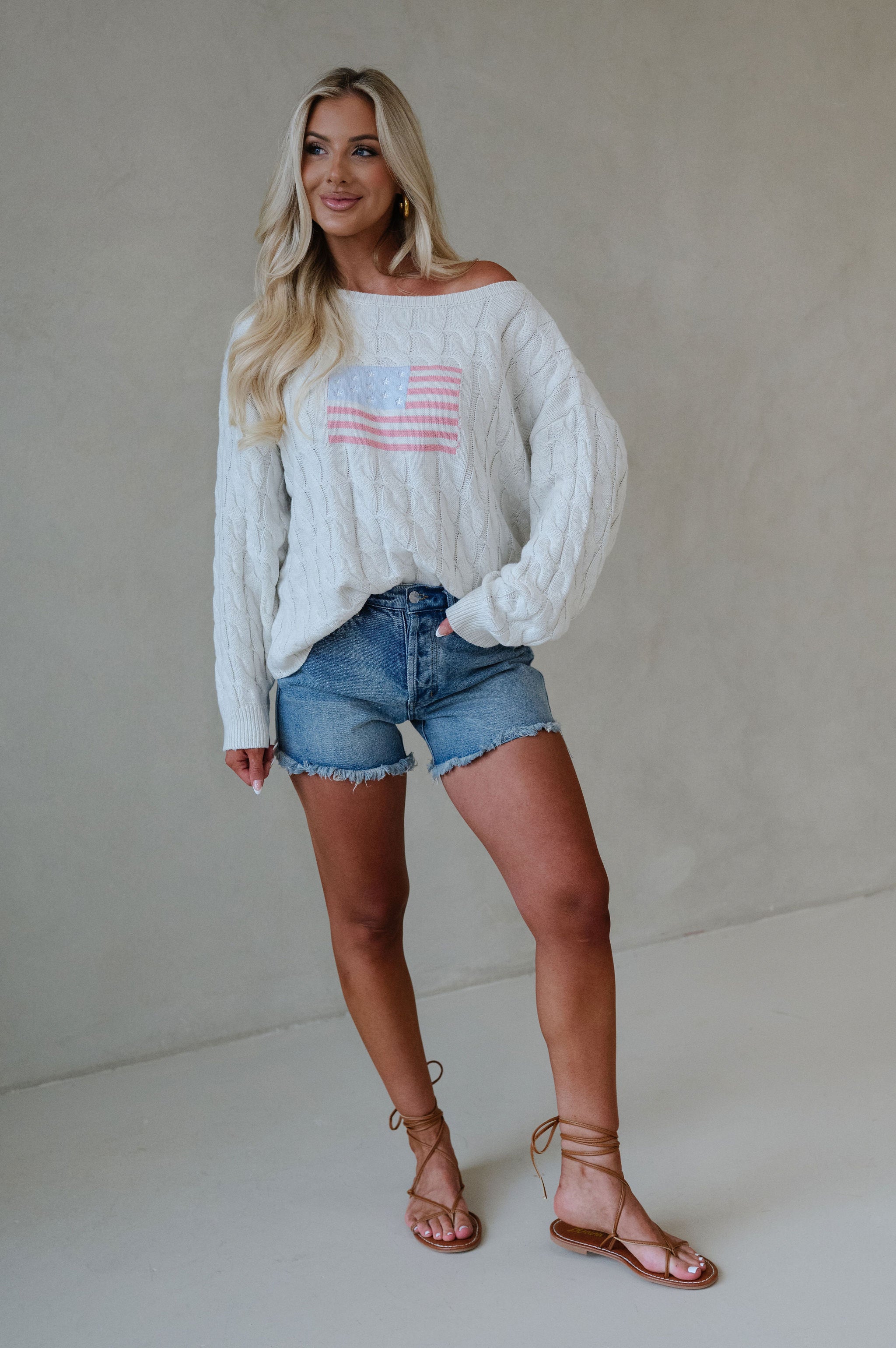 Boat Neck American Flag Sweater-Cream