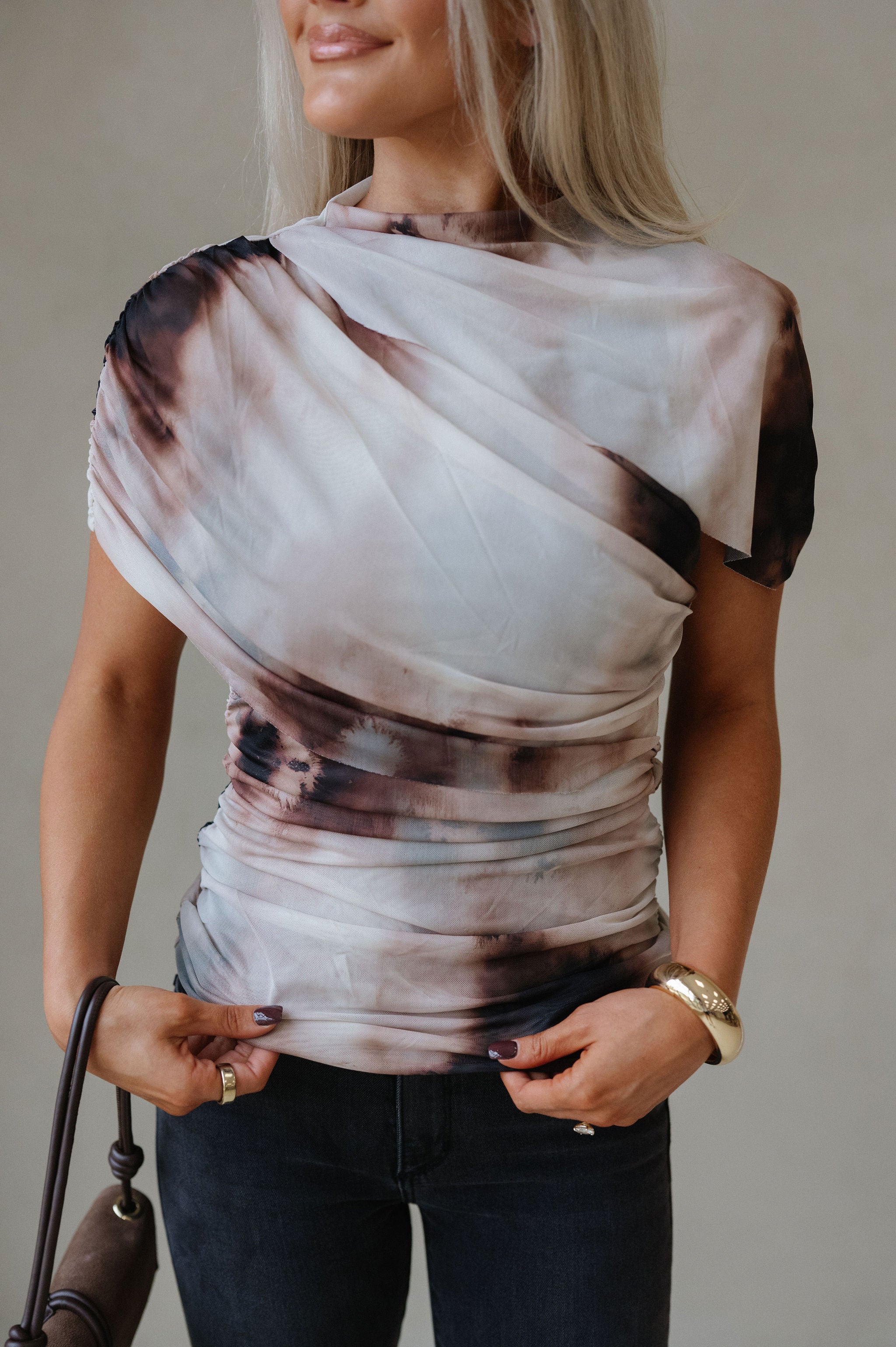 Tate Mesh Mock Neck Top-Brown