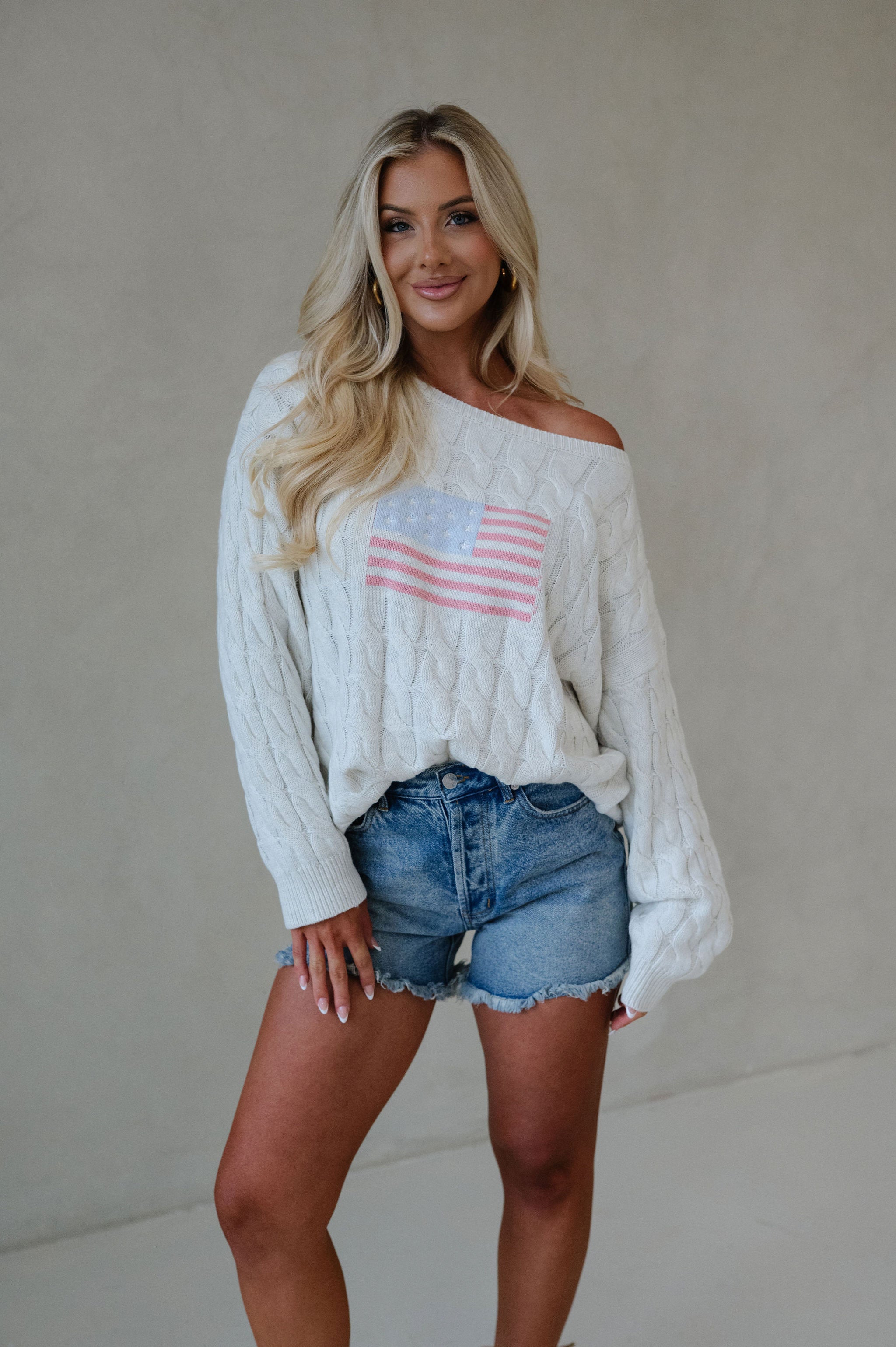 Boat Neck American Flag Sweater-Cream