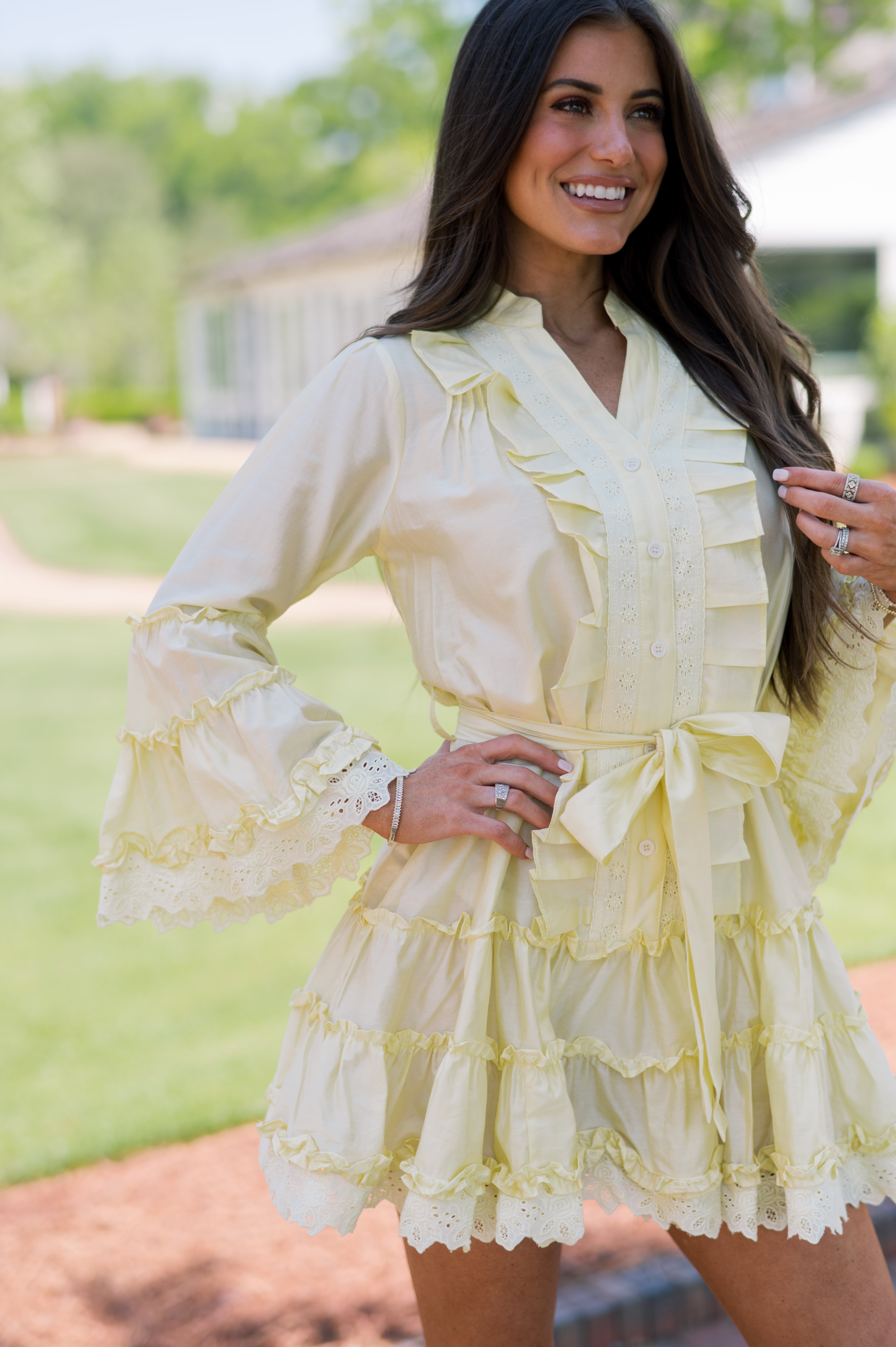Ruffle Lace Trim Mini Dress-Yellow