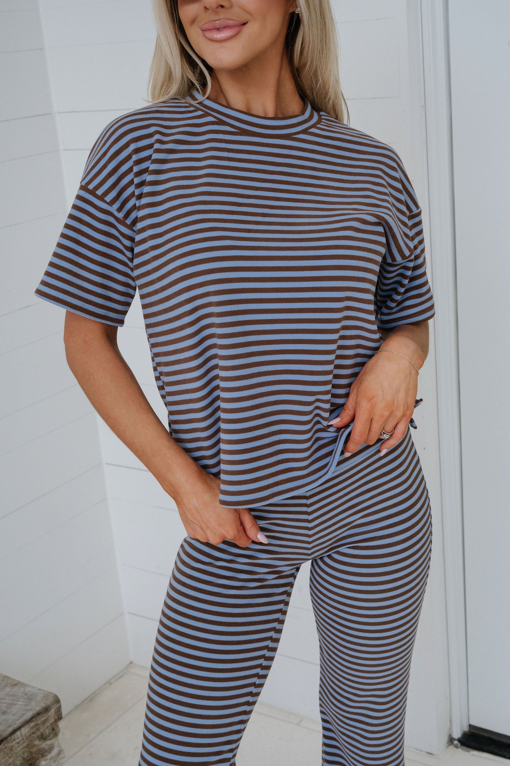 Dylan Striped Pants Set-Dusty Blue