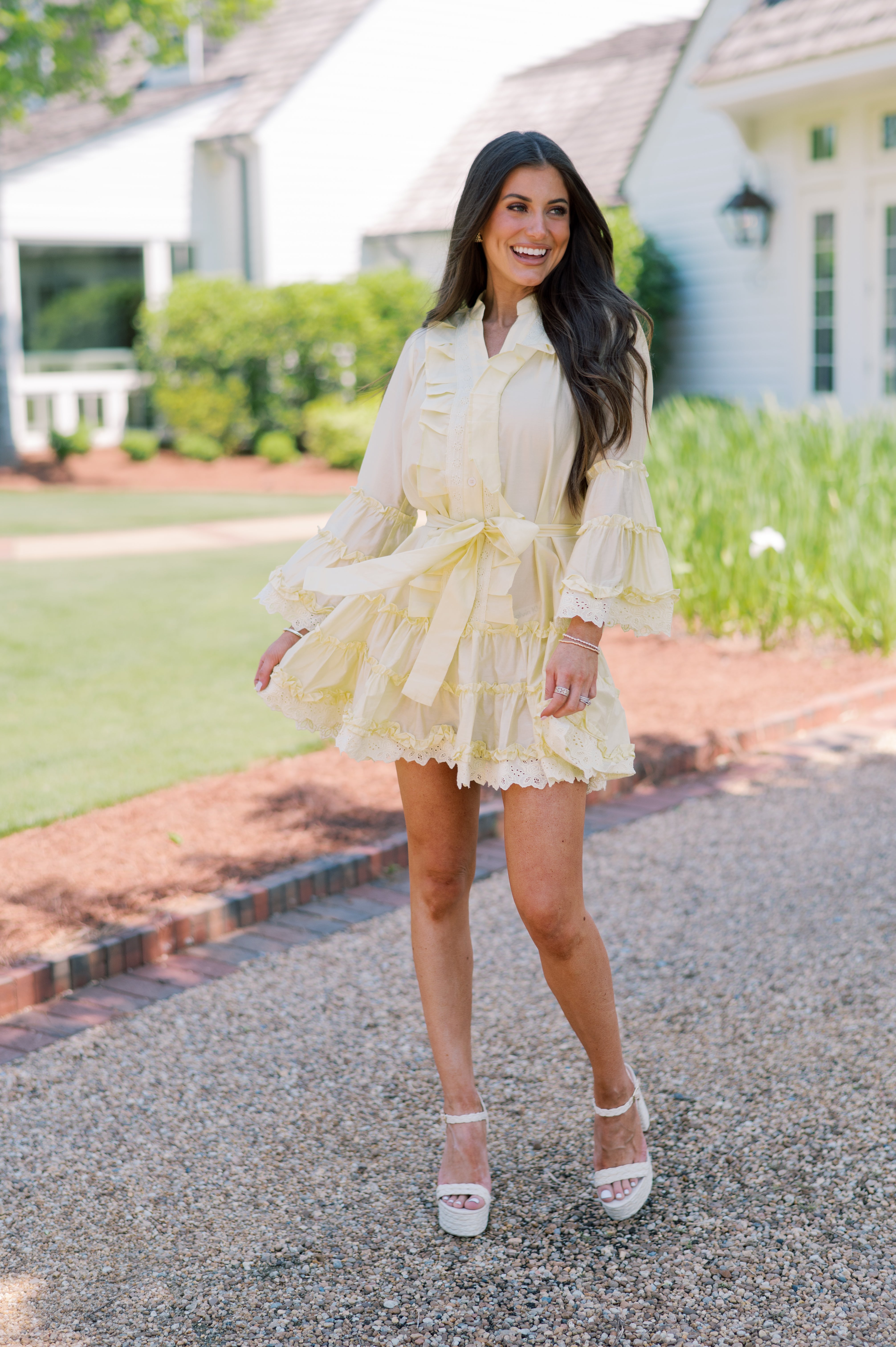 Ruffle Lace Trim Mini Dress-Yellow