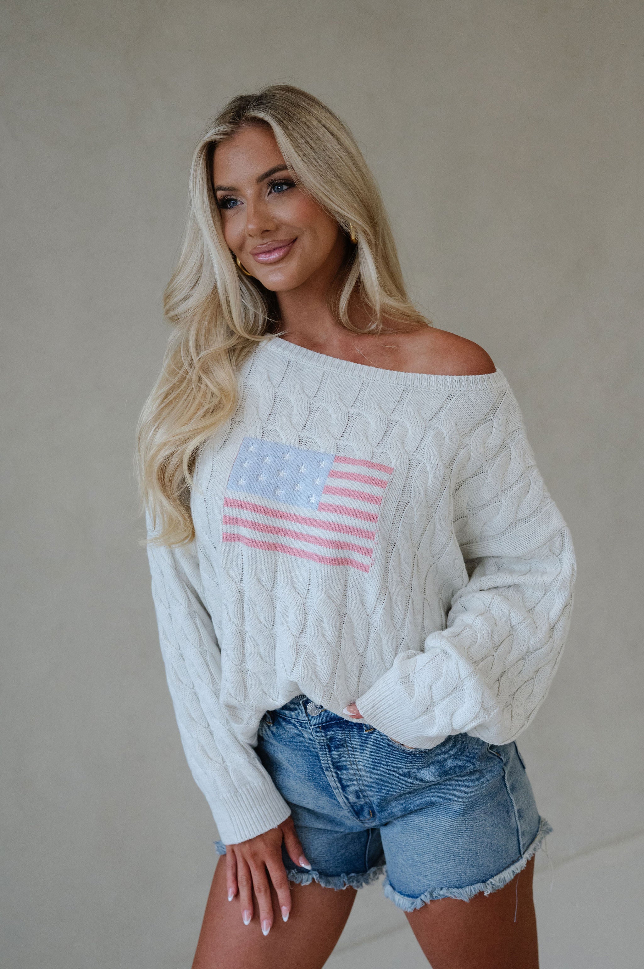 Boat Neck American Flag Sweater-Cream