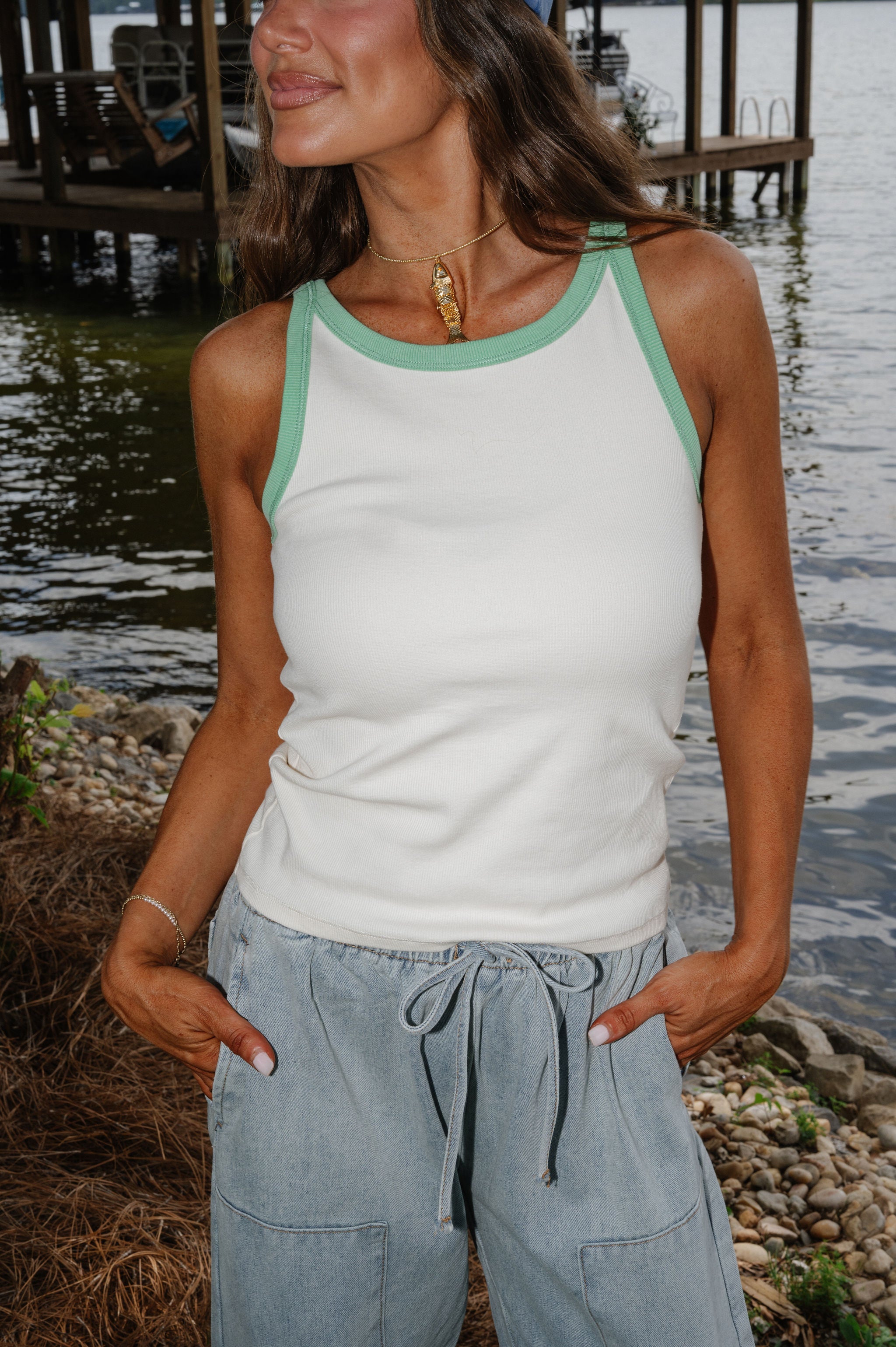 Contrast Ribbed Tank- Cream/Green