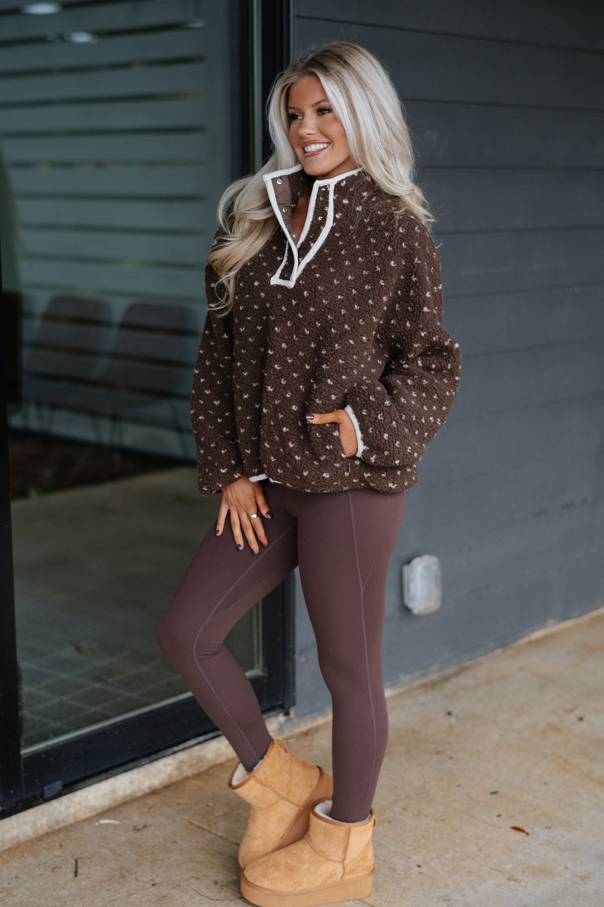 Heart Sherpa Fleece Pullover-Espresso