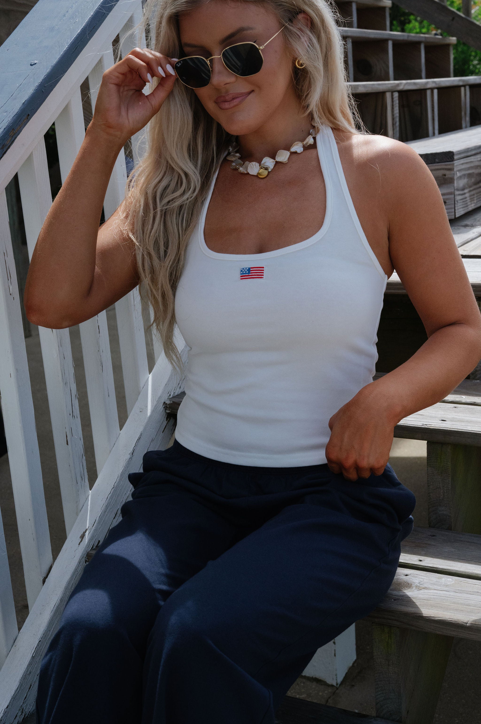 American Flag Halter Top-White