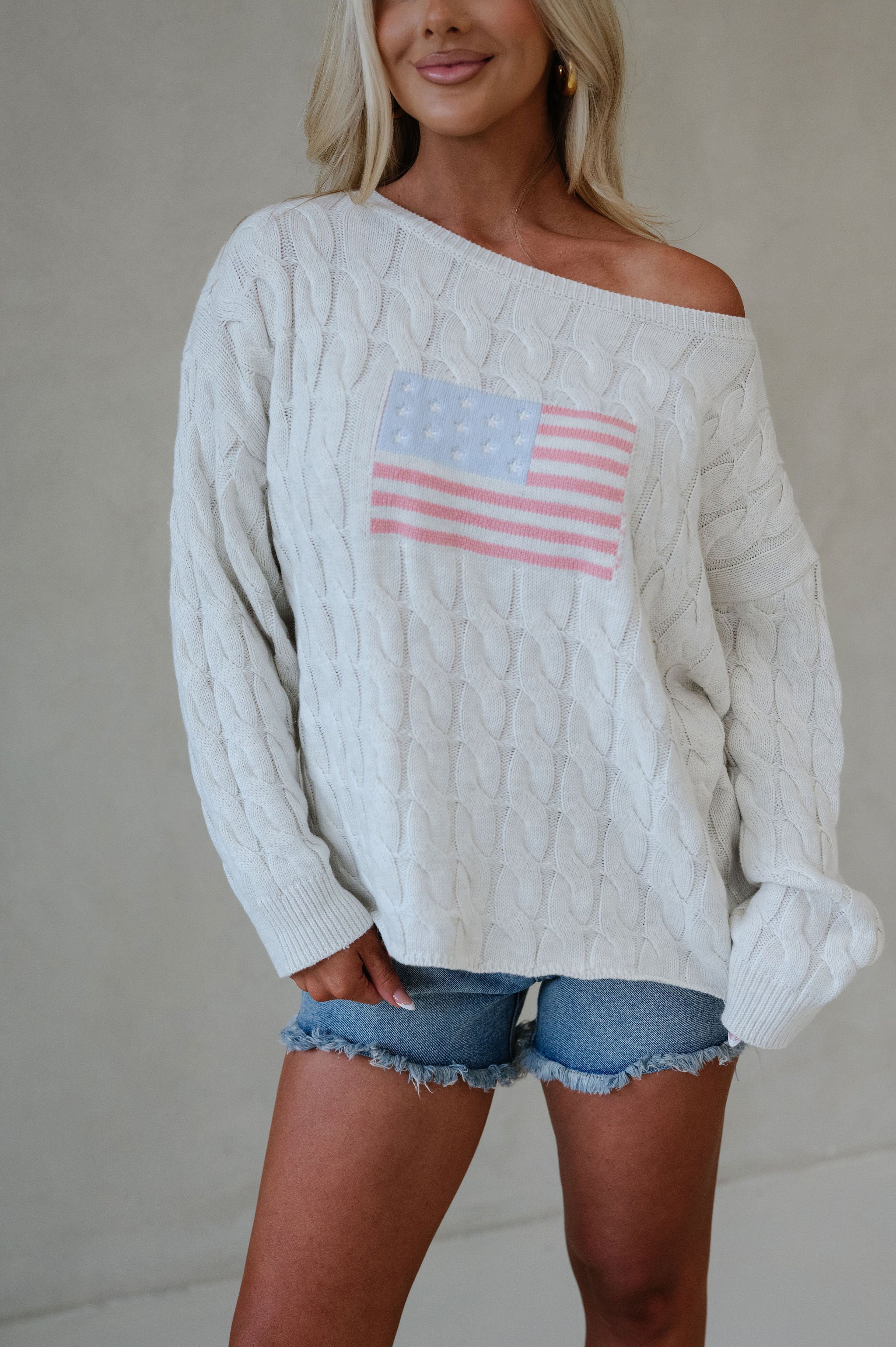 Boat Neck American Flag Sweater-Cream