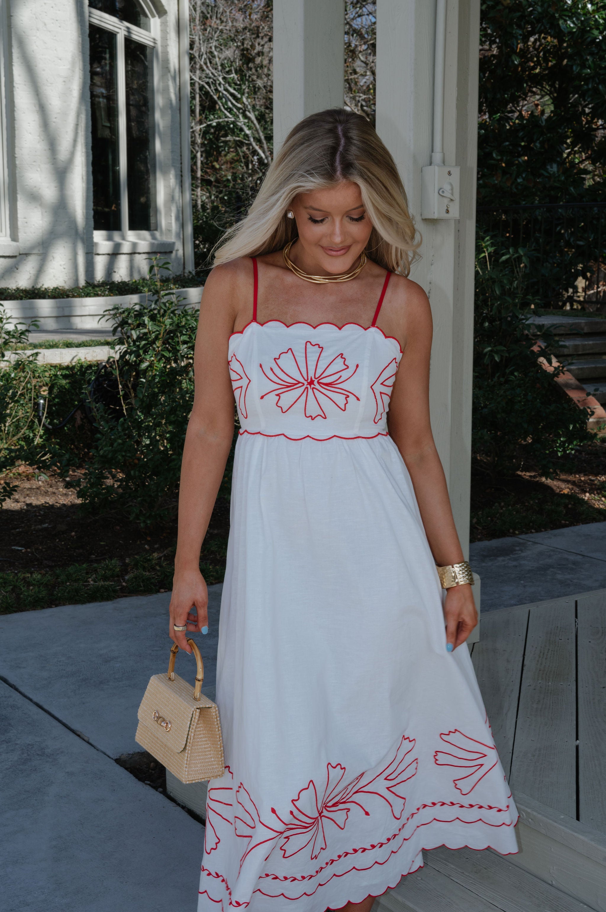 Corey Scalloped Detail Midi Dress-Red