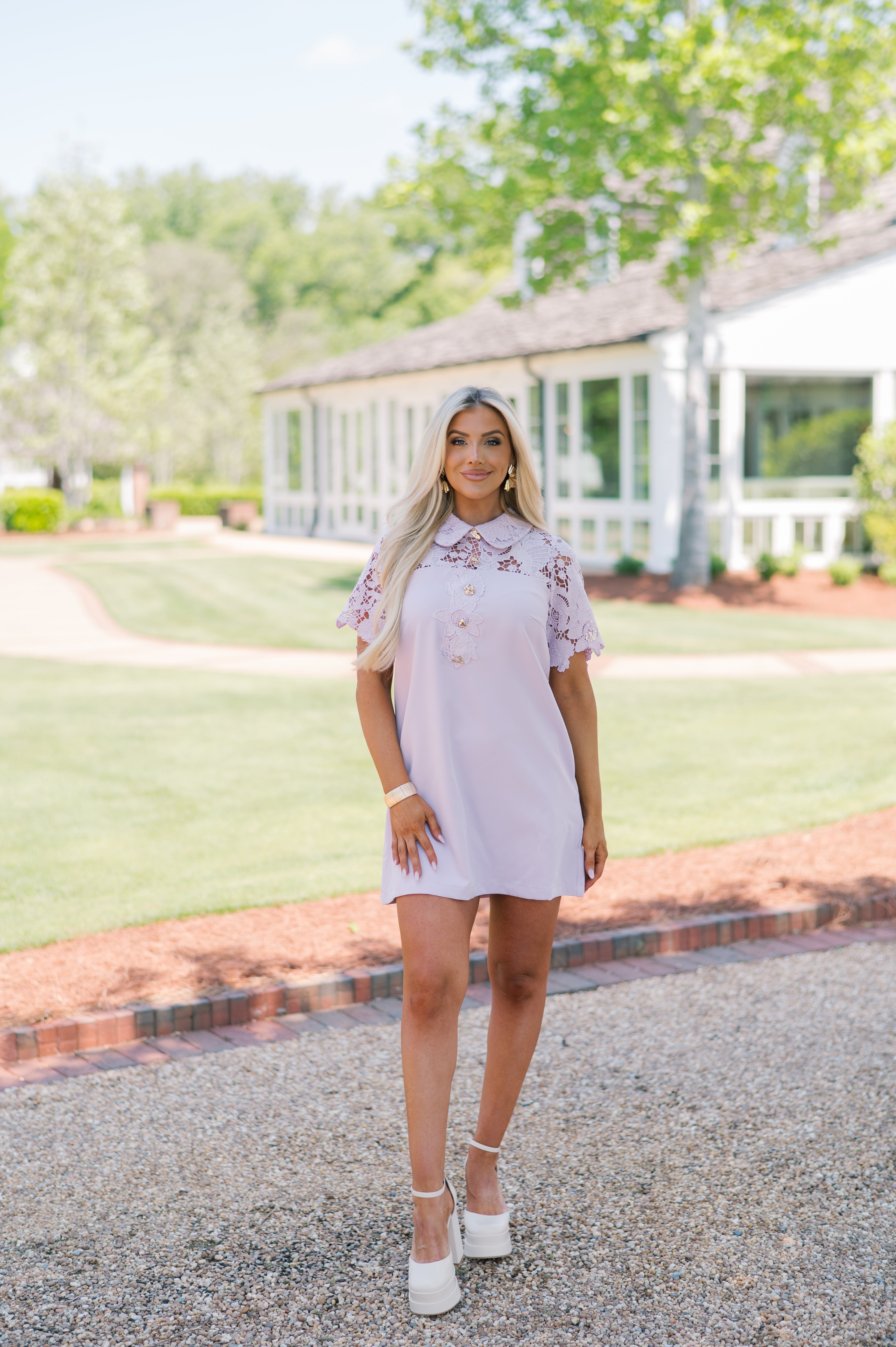 Short Sleeve Floral Lace Dress- Lavender Blush