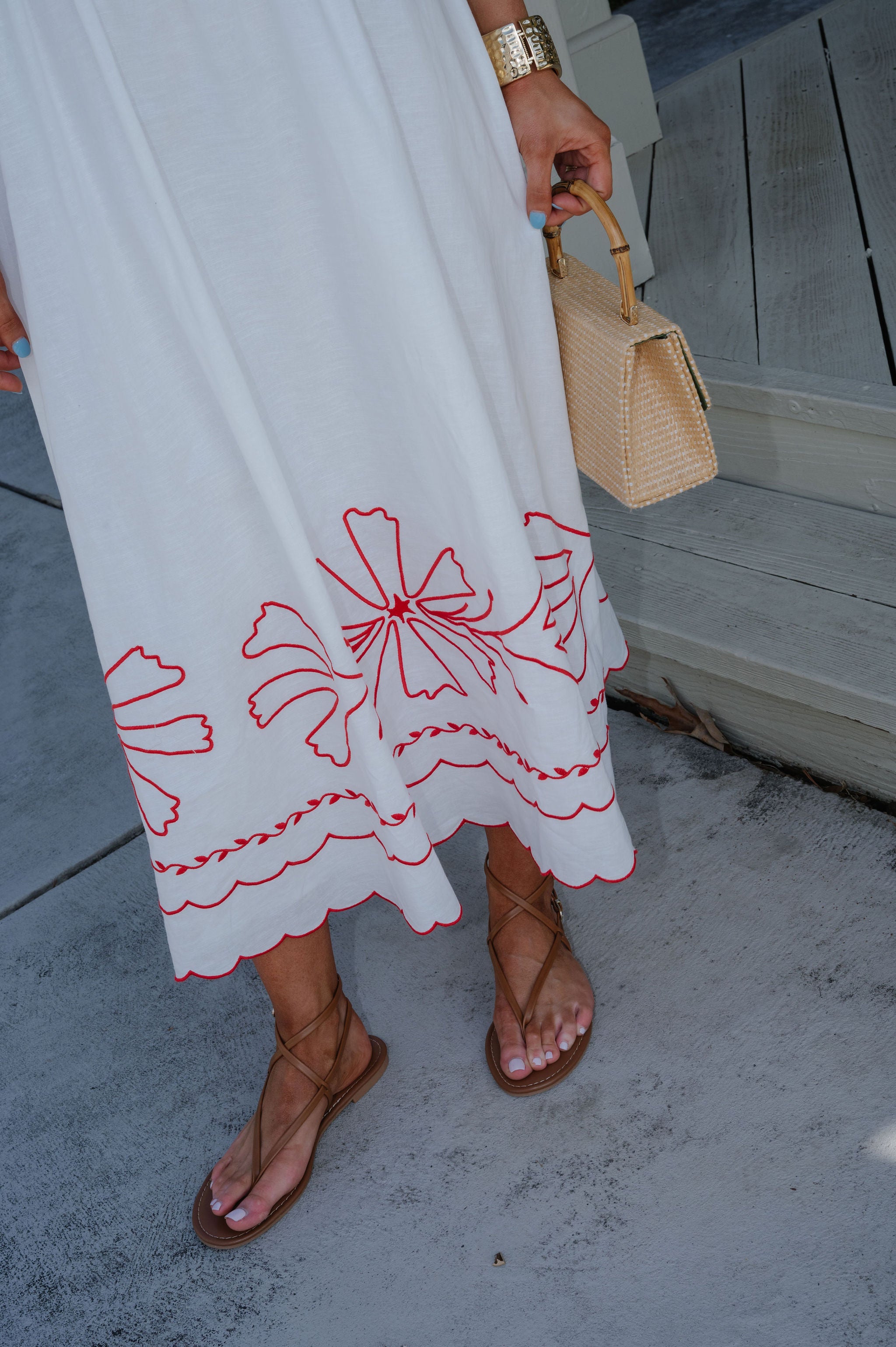 Corey Scalloped Detail Midi Dress-Red
