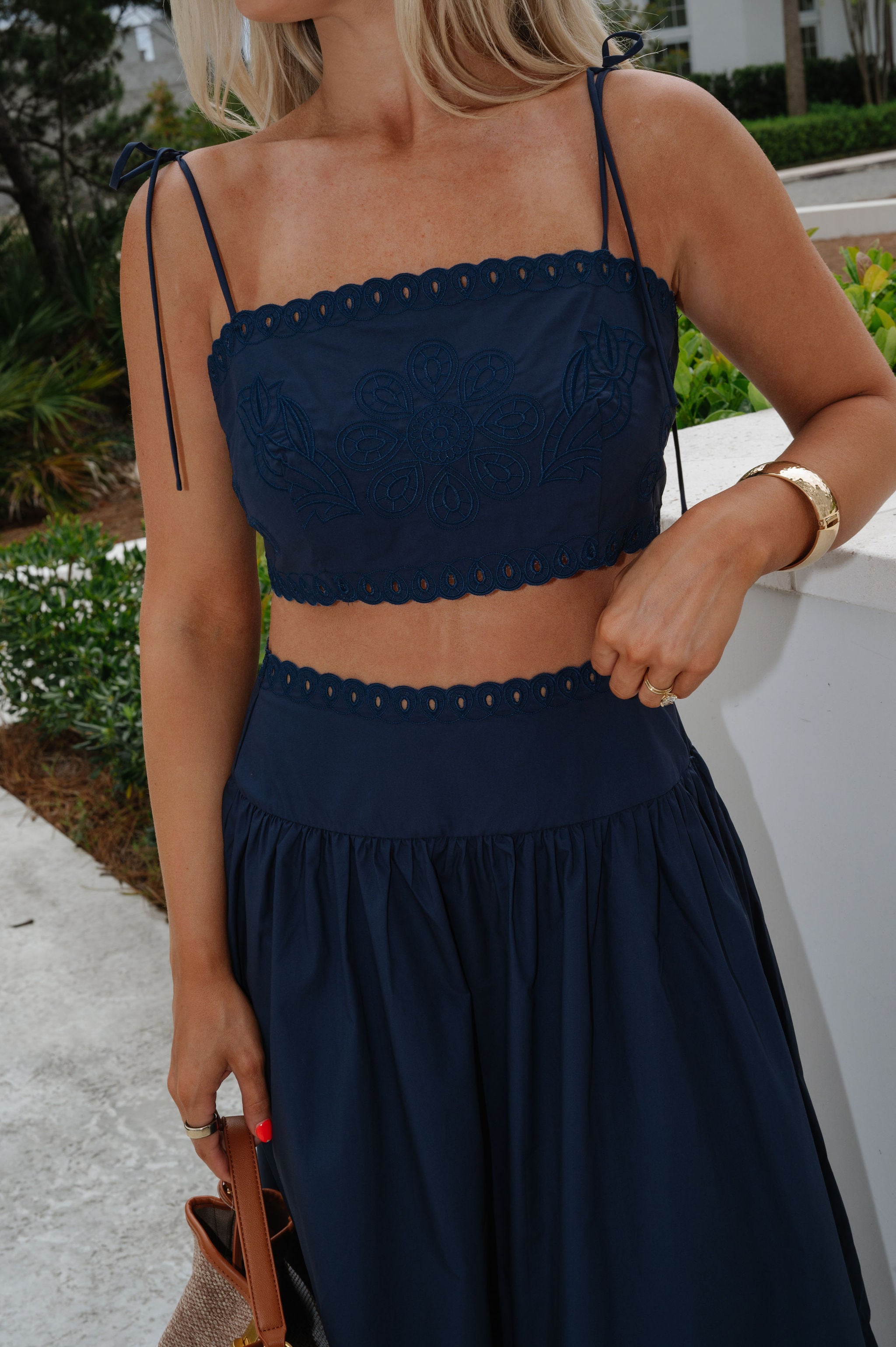 Luna Embroidered Midi Skirt Set-Navy