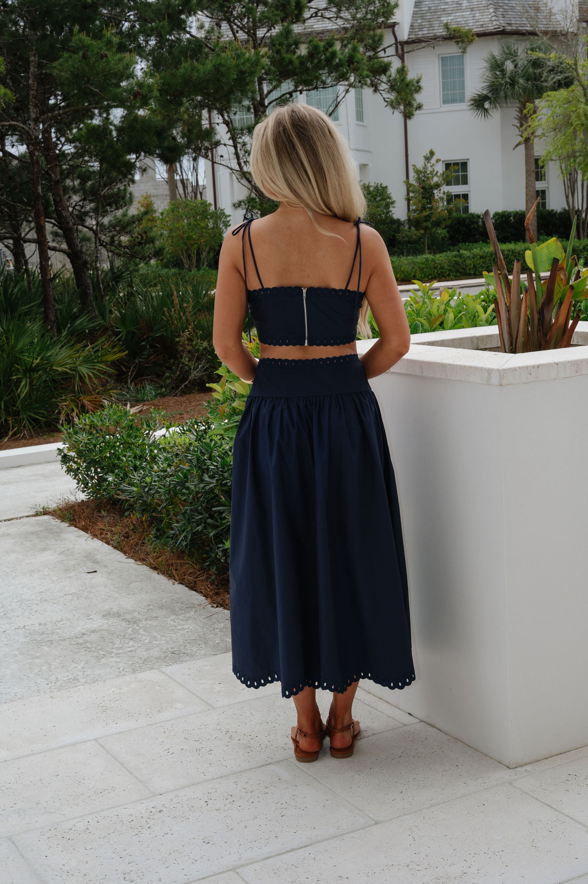 Luna Embroidered Midi Skirt Set-Navy