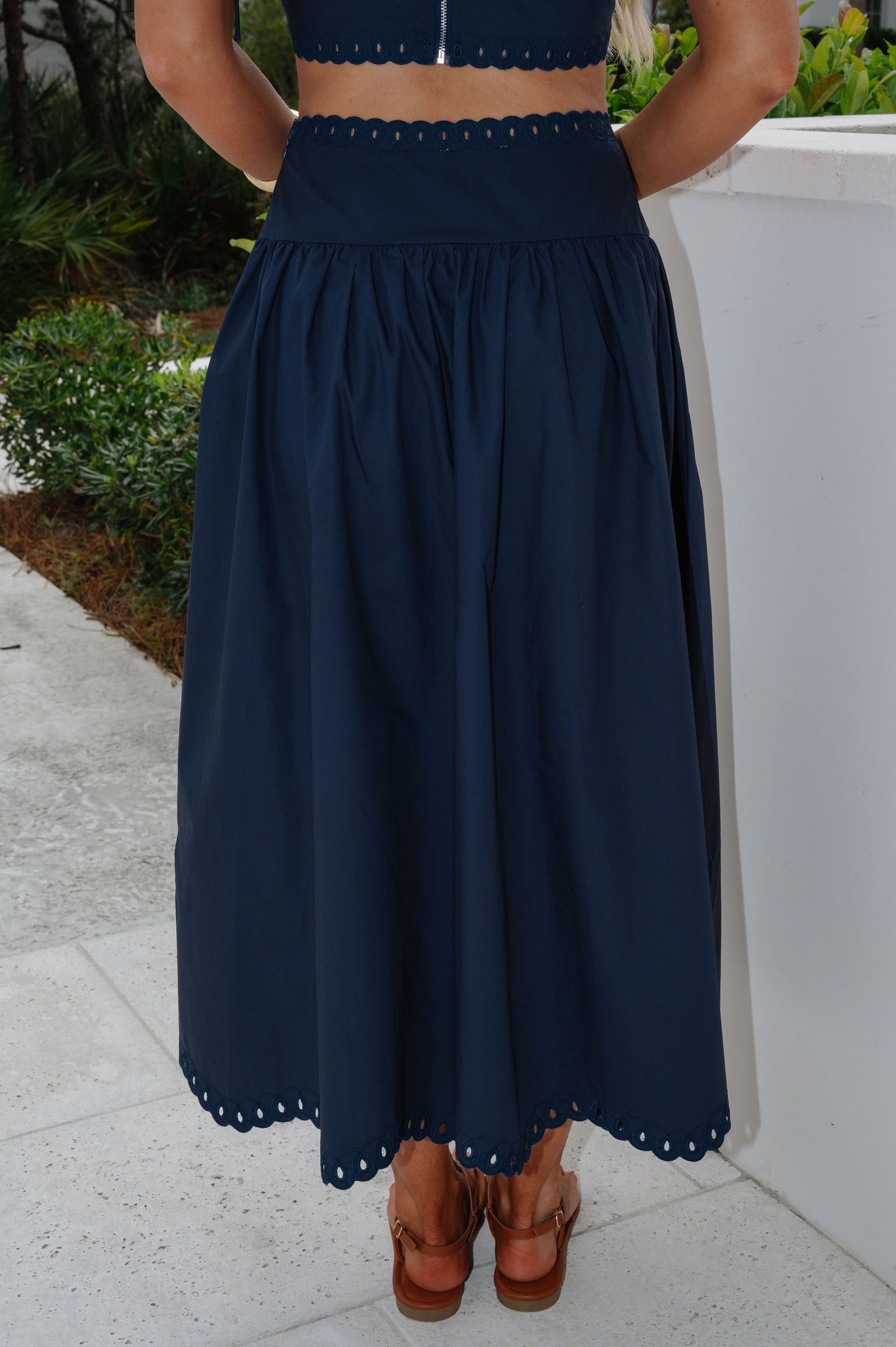 Luna Embroidered Midi Skirt Set-Navy