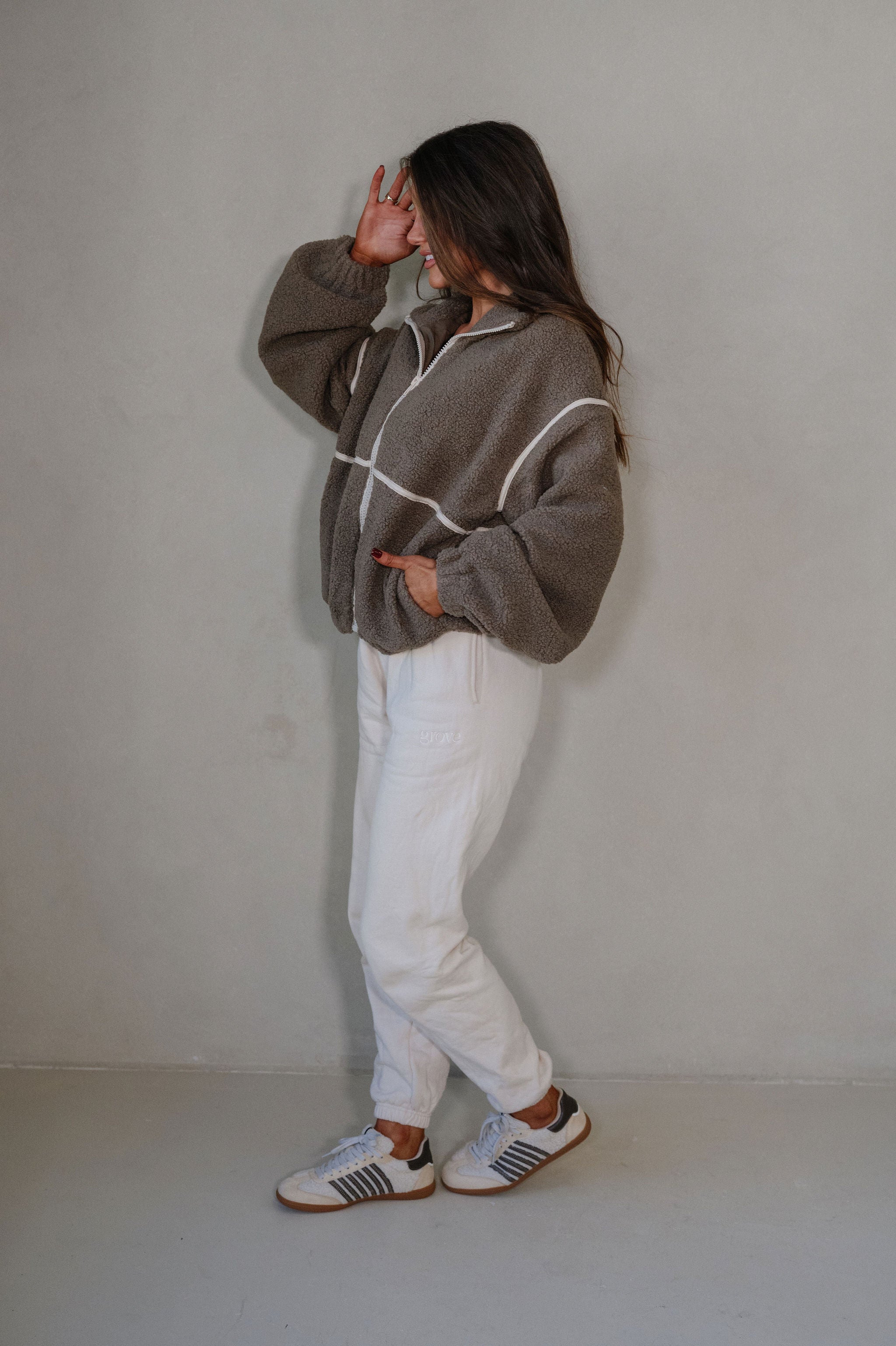 Bennie Leather Trimmed Jacket-Dark Stone