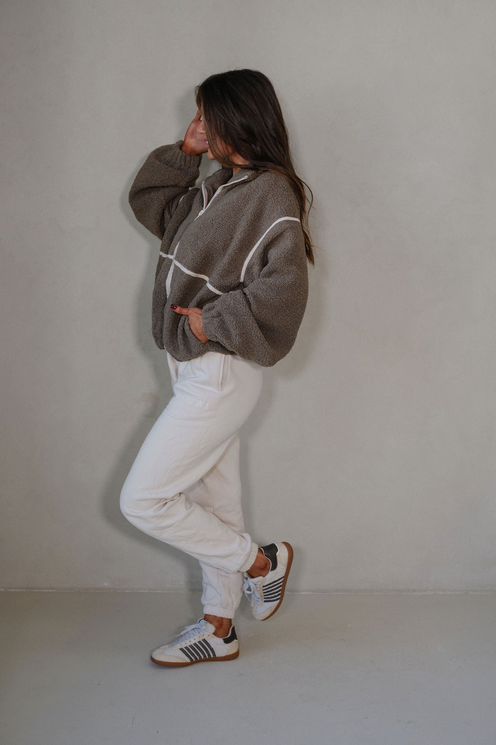 Bennie Leather Trimmed Jacket-Dark Stone