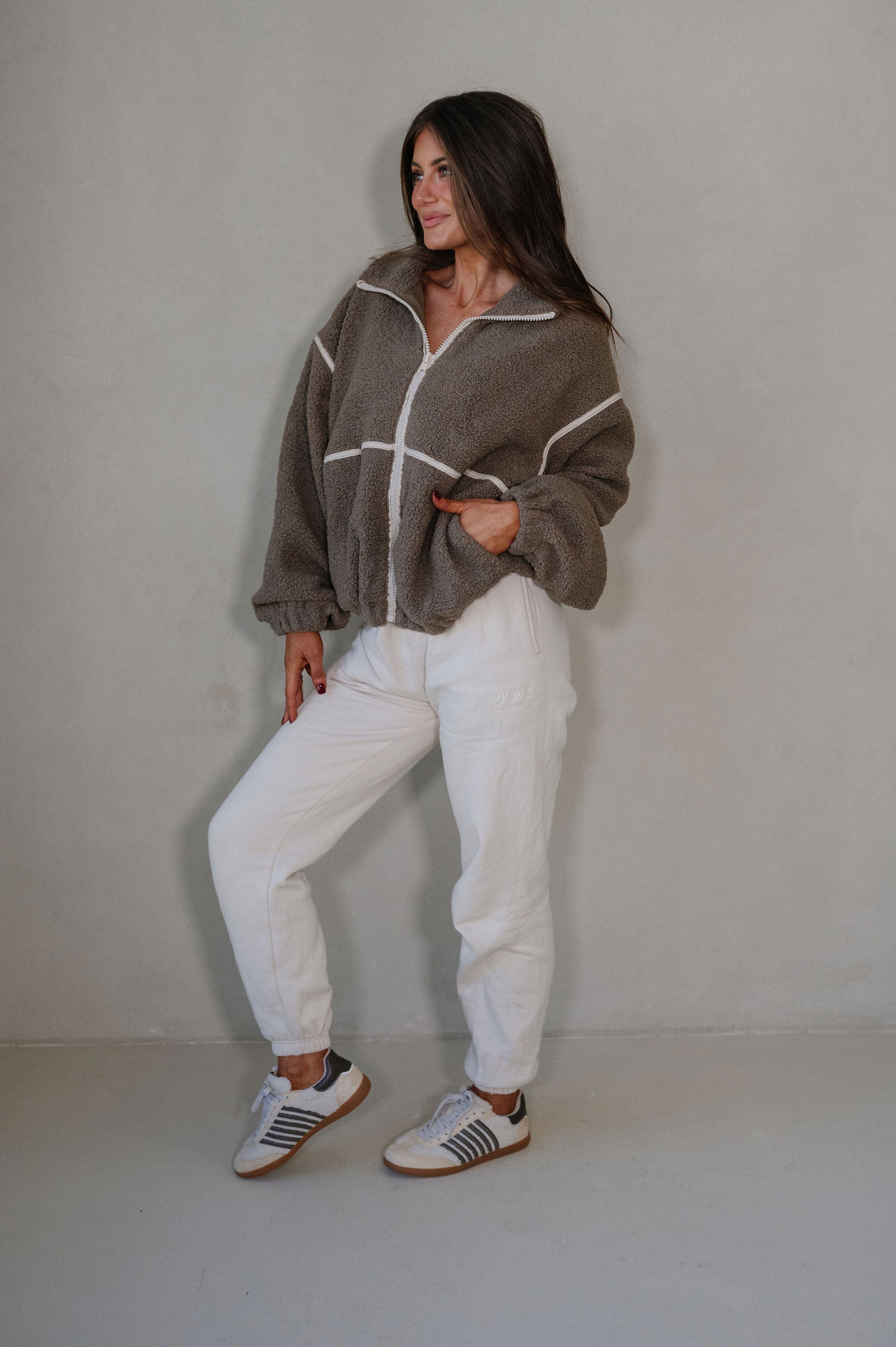 Bennie Leather Trimmed Jacket-Dark Stone