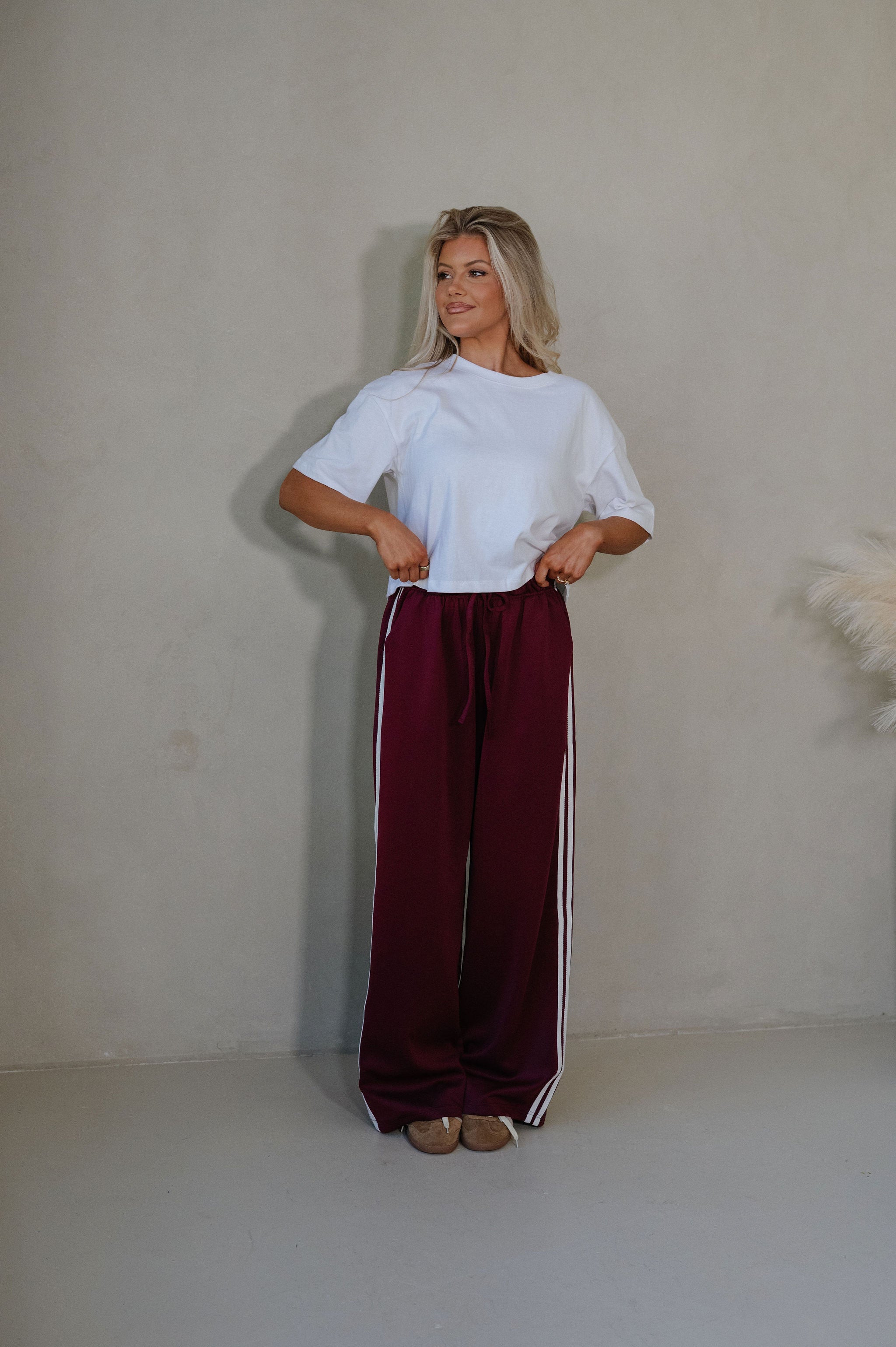 Wide Leg Track Pants-Maroon