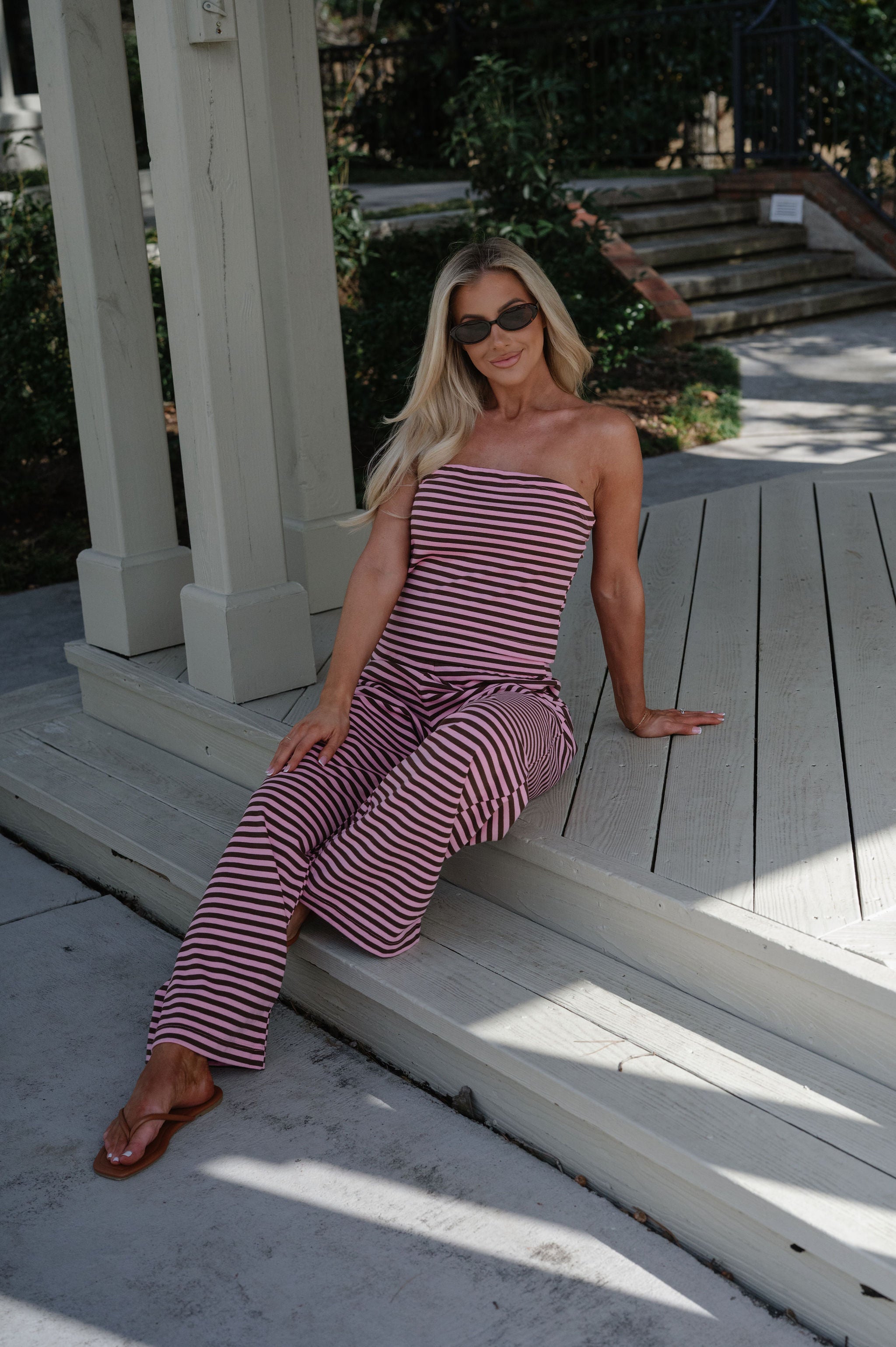 Paloma Striped Pants Set-Pink/Brown