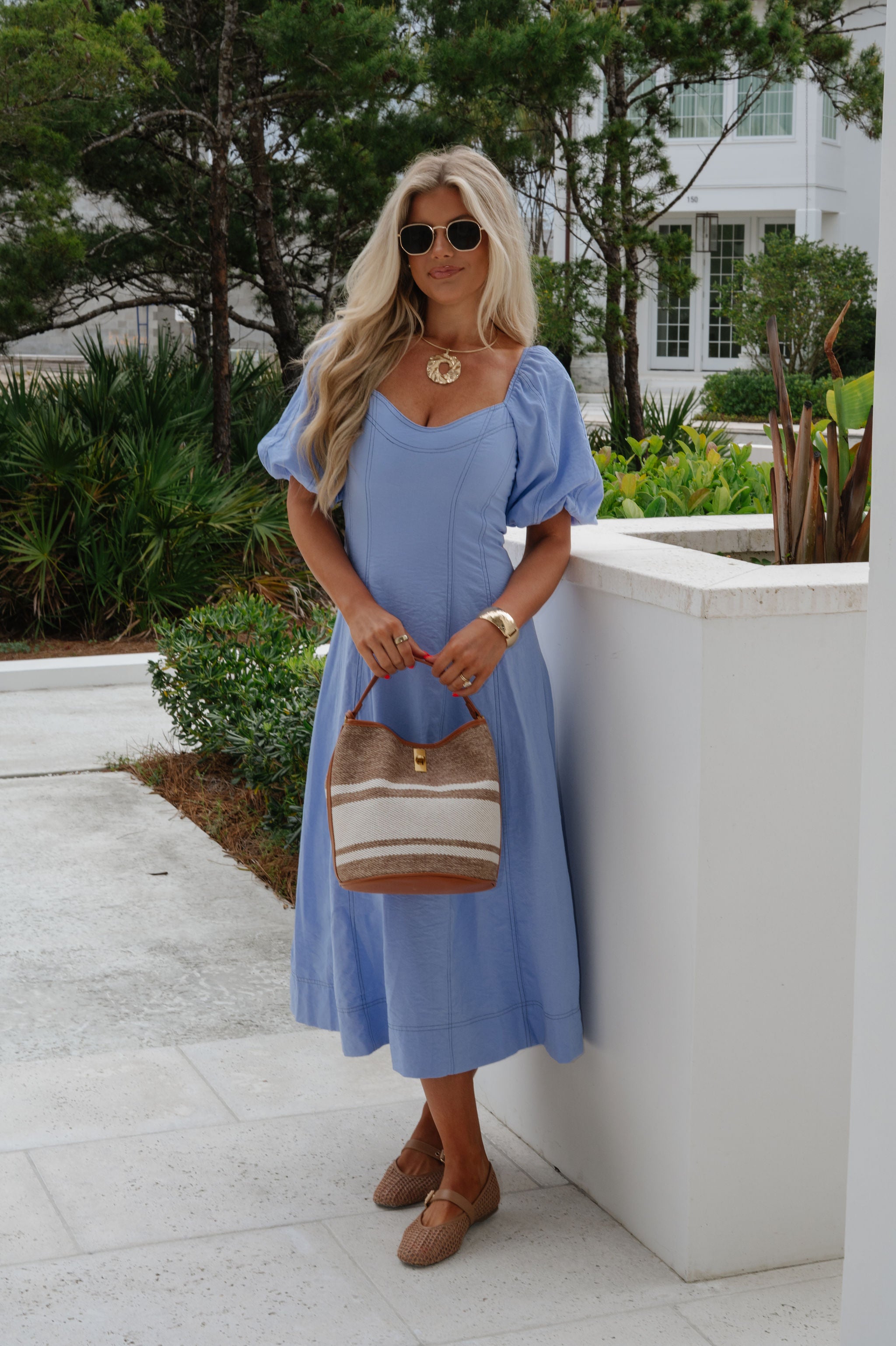 Everly Puff Sleeve Midi Dress-Blue