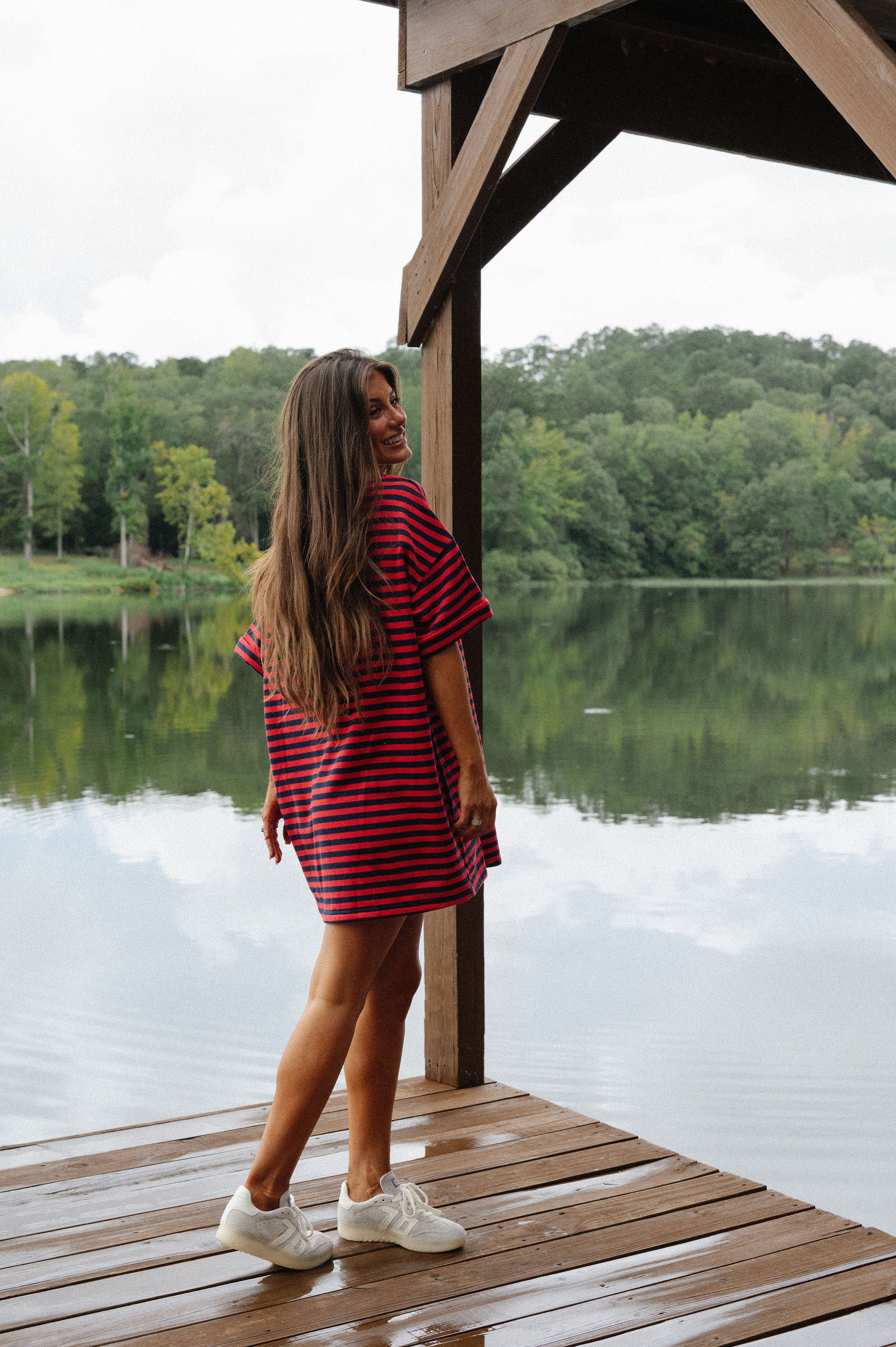 Stripe Knit Pullover Dress-Red/Navy