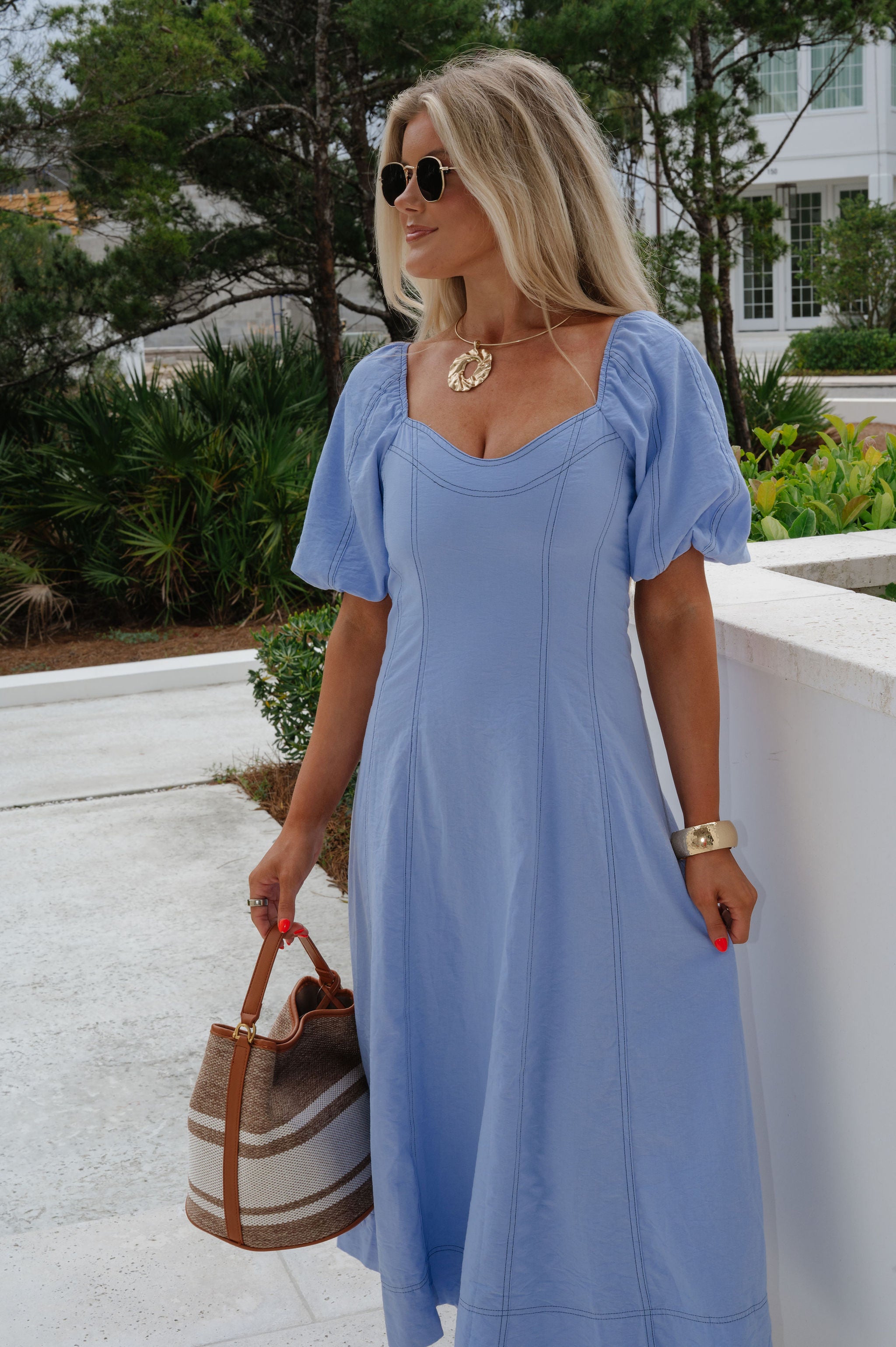 Everly Puff Sleeve Midi Dress-Blue