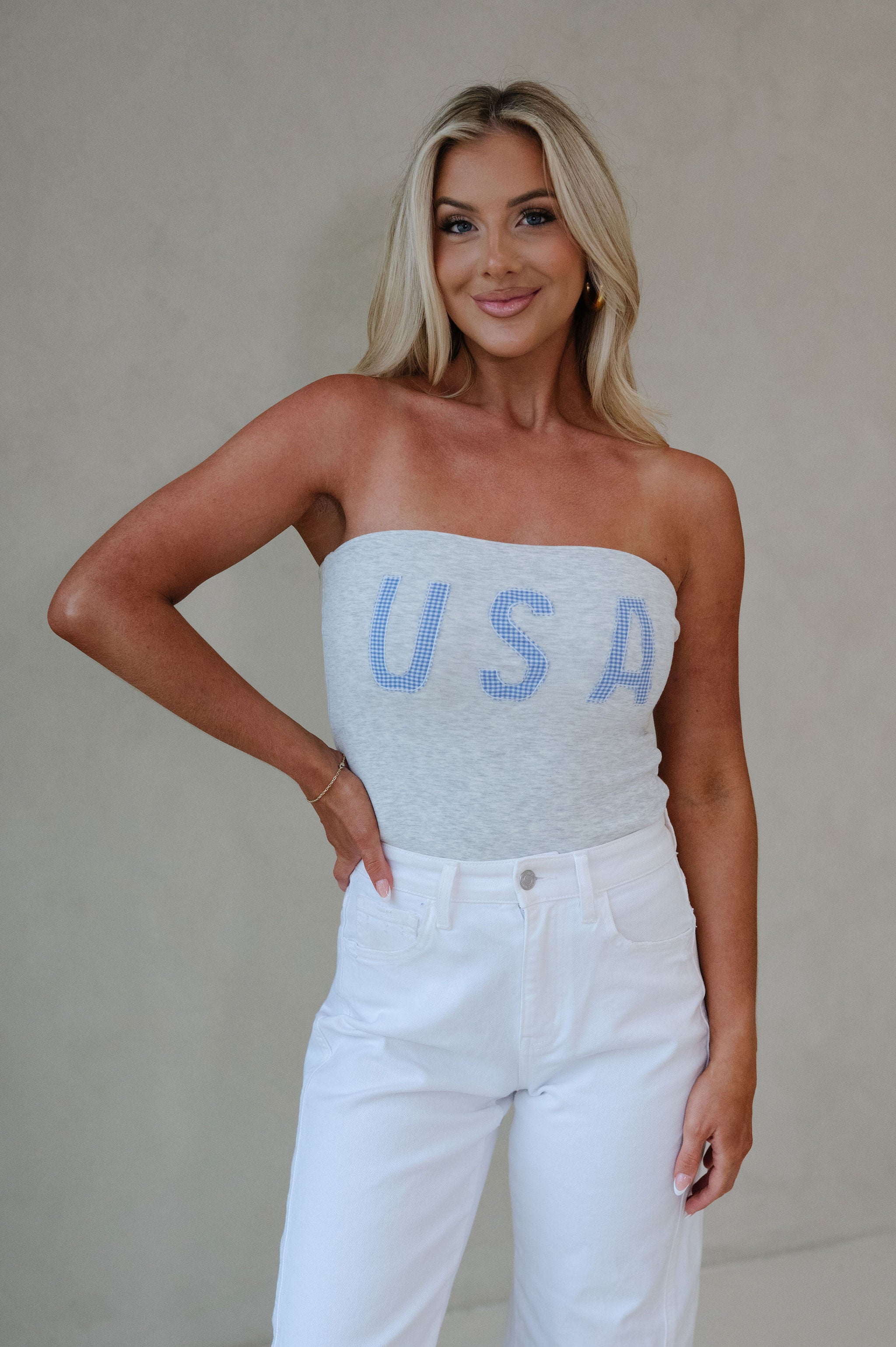 Gingham "USA" Top-Light Grey