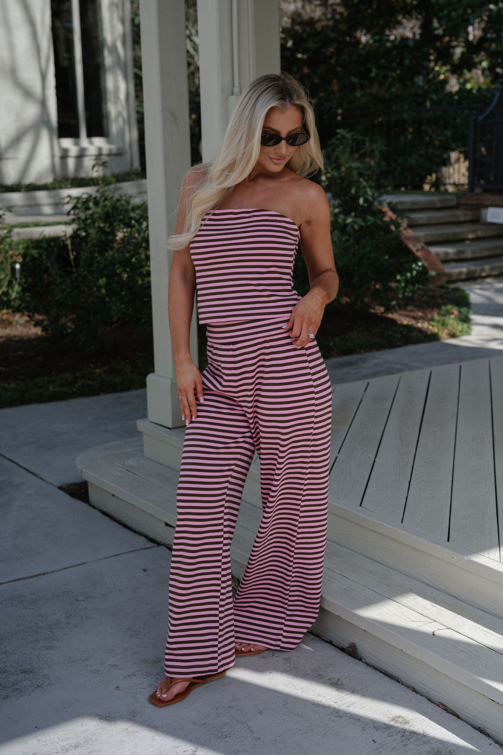 Paloma Striped Pants Set-Pink/Brown