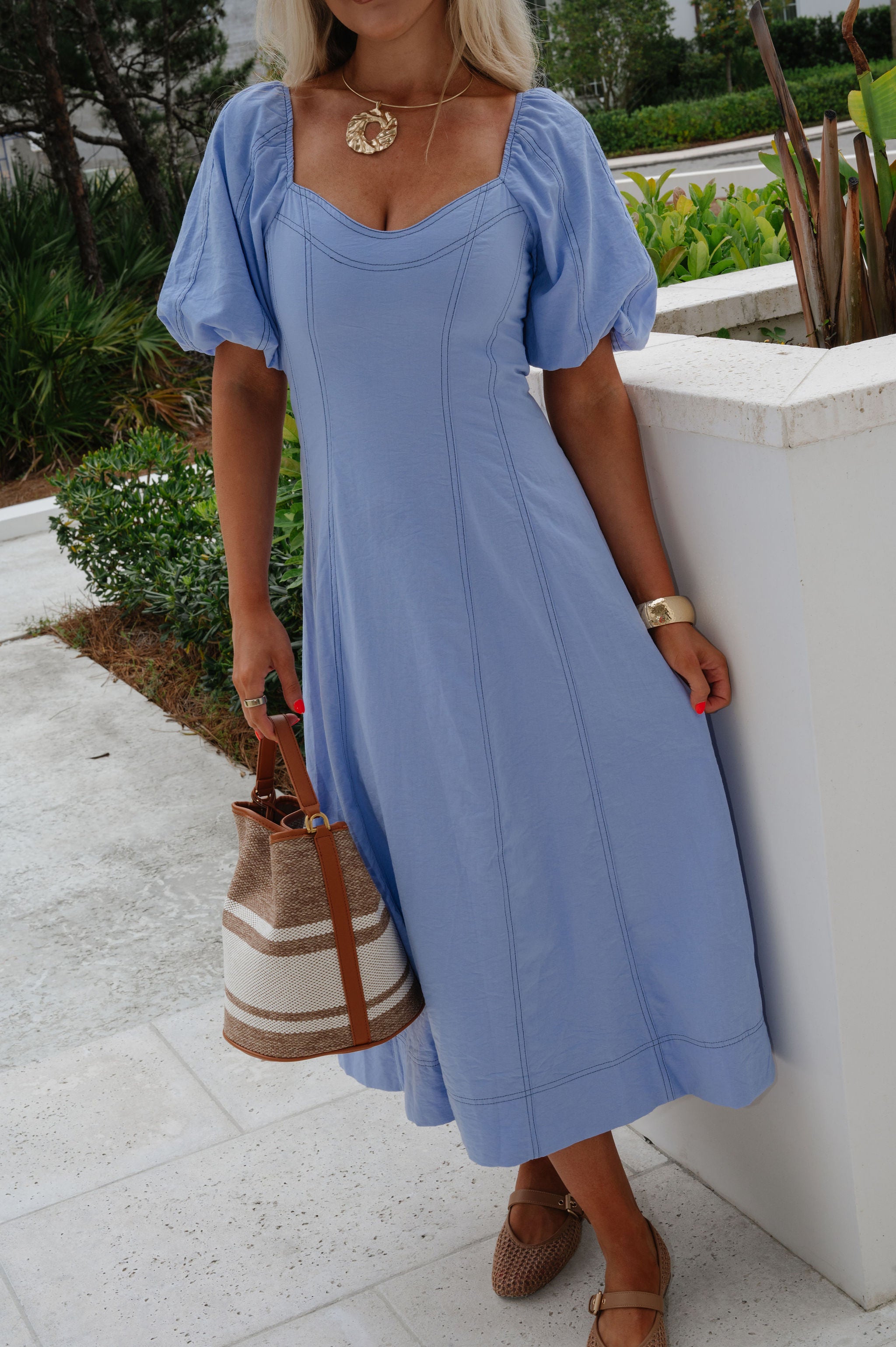 Everly Puff Sleeve Midi Dress-Blue