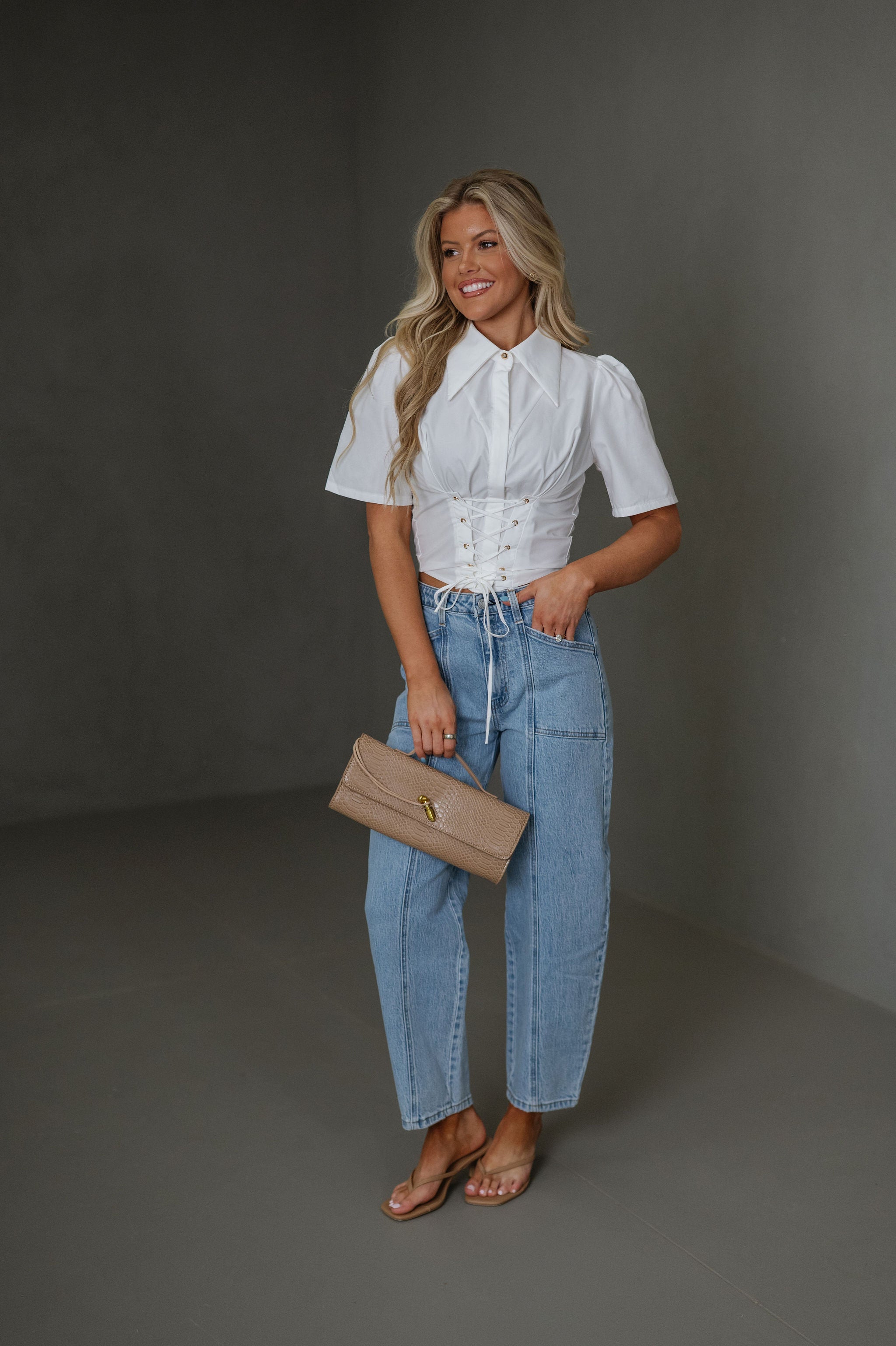 Woven Puff Sleeve Top-White