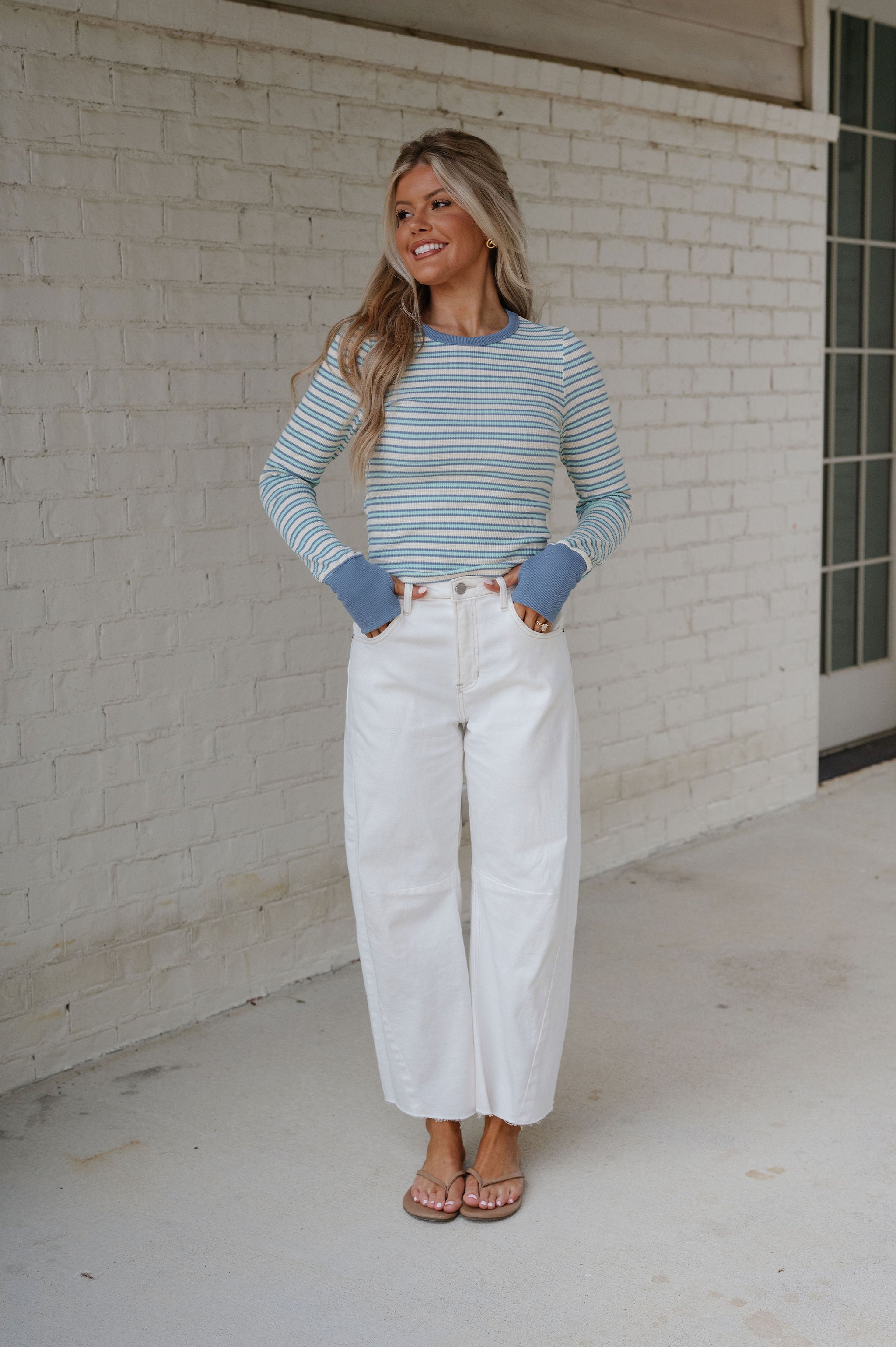 Casey Striped Top-Ivory/Light Blue