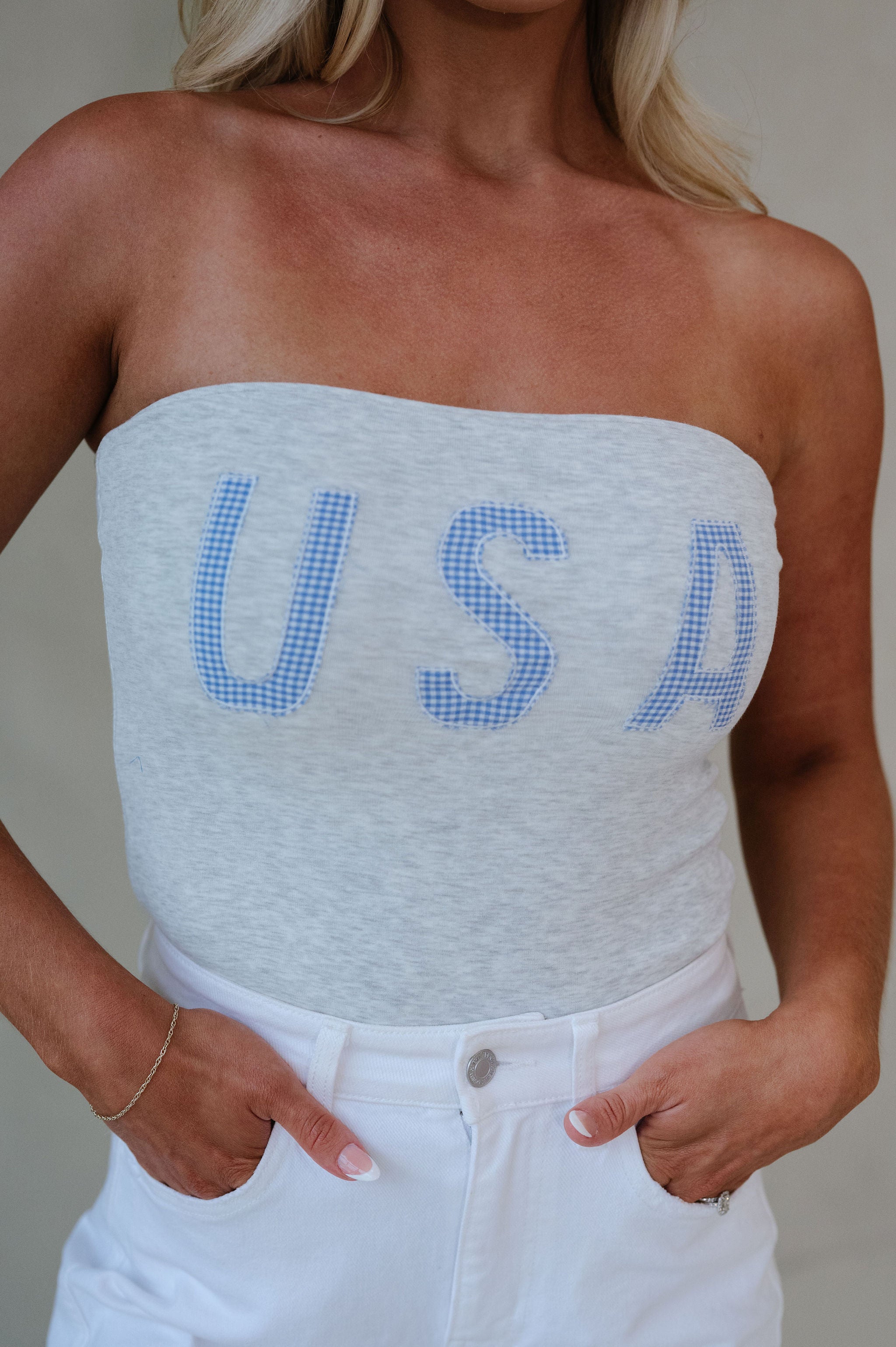 Gingham "USA" Top-Light Grey